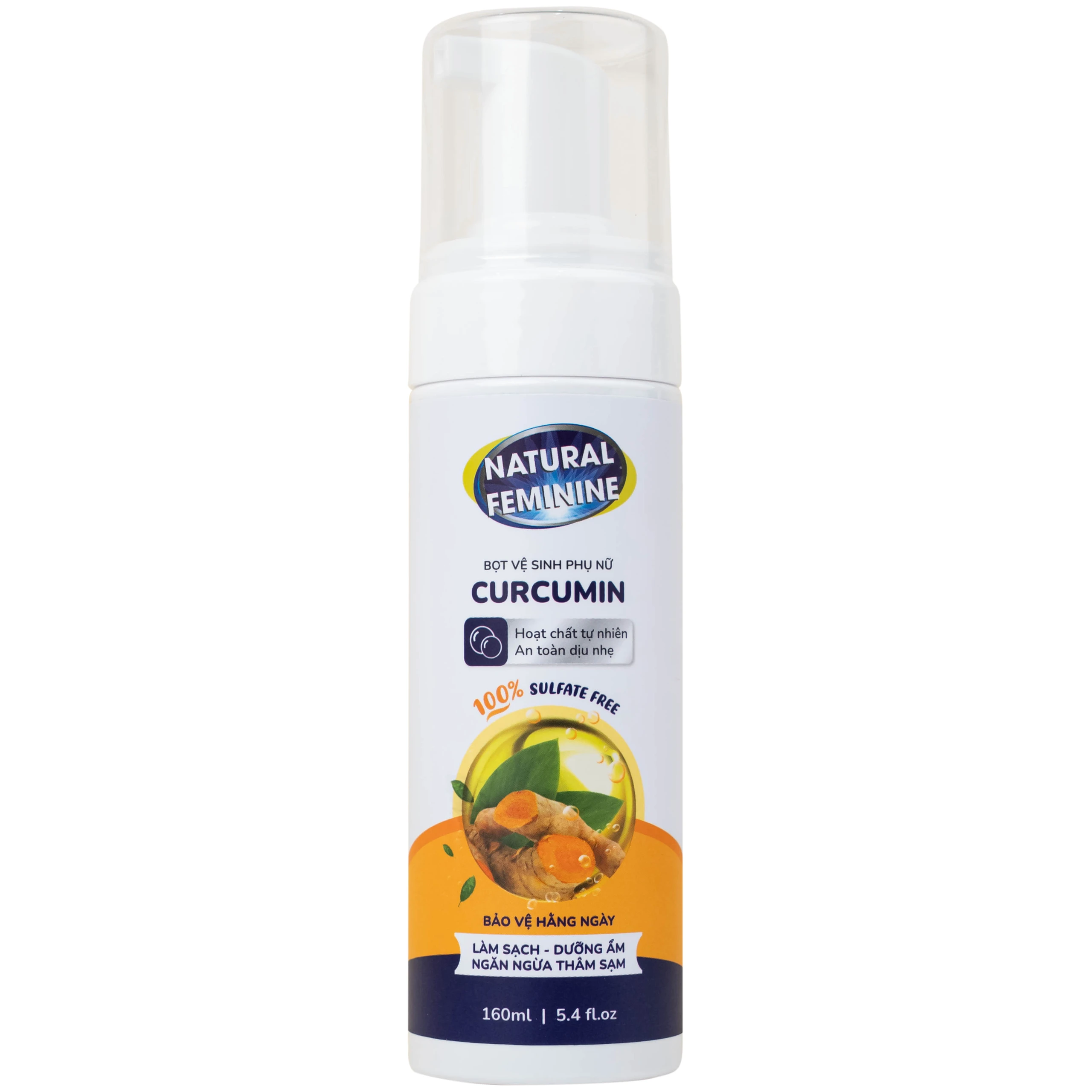 Dung dịch vệ sinh phụ nữ dạng bọt Natural Feminine Curcumin làm sạch, khử mùi, kháng khuẩn (160ml)