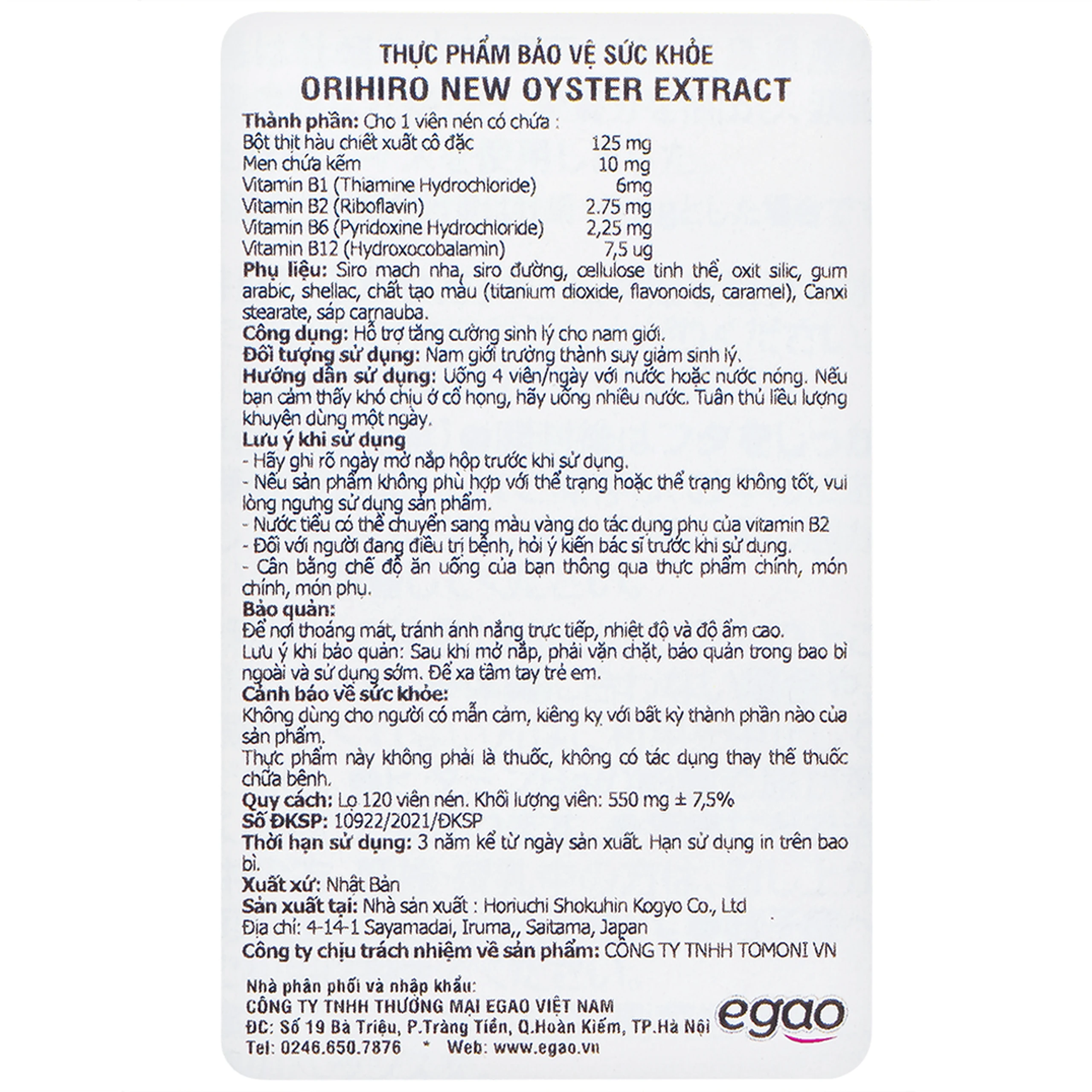 Viên uống tăng cường sinh lý cho nam giới Orihiro New Oyster Extract (120 viên)