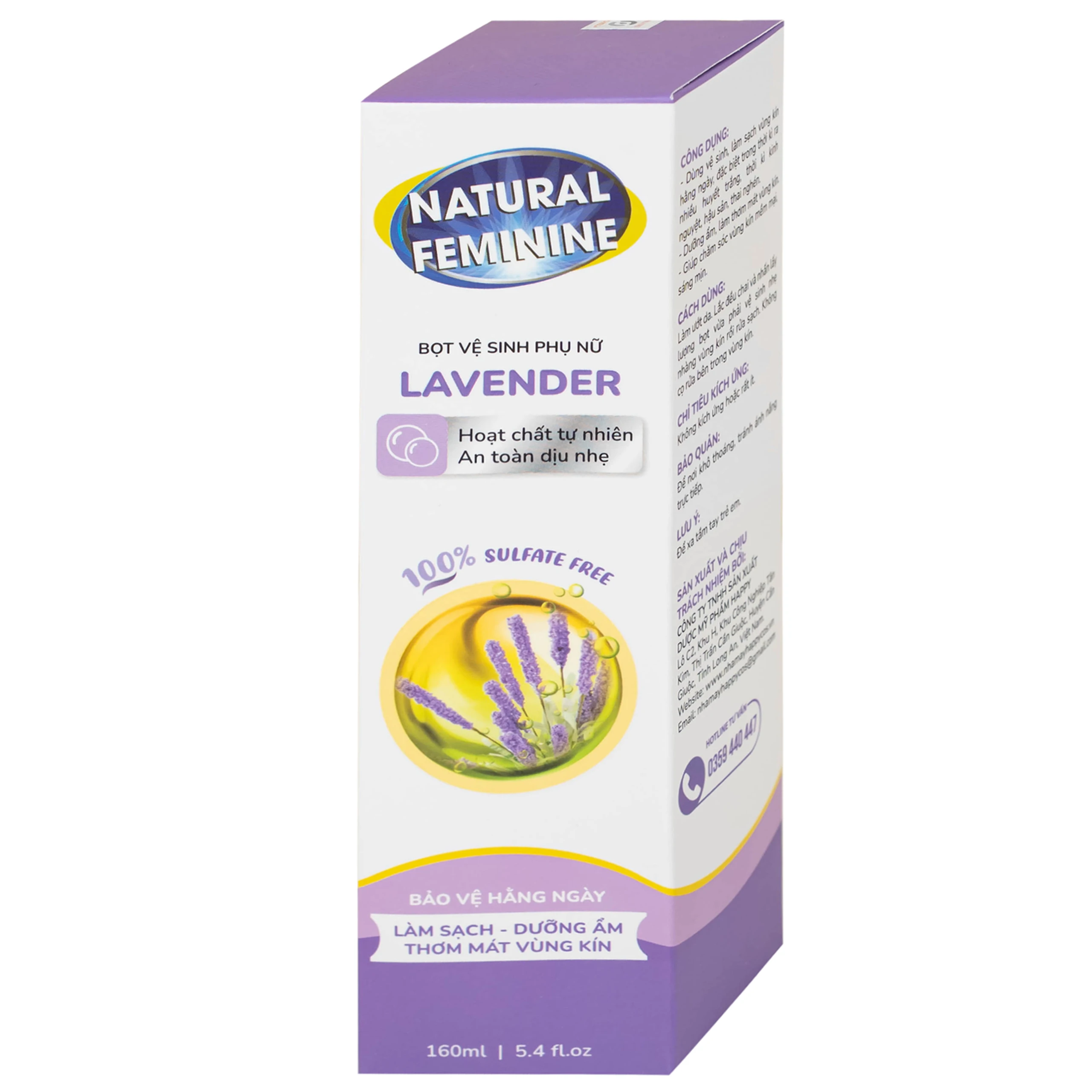 Dung dịch vệ sinh phụ nữ dạng bọt Natural Feminine Lavender làm sạch và bảo vệ vùng kín, duy trì cân bằng pH (160ml)