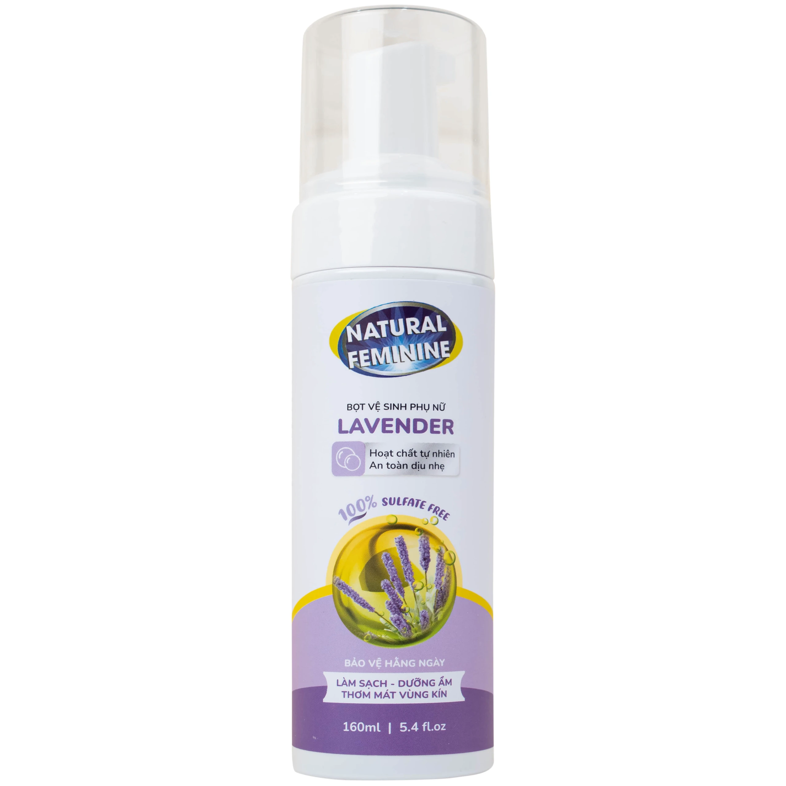 Dung dịch vệ sinh phụ nữ dạng bọt Natural Feminine Lavender làm sạch và bảo vệ vùng kín, duy trì cân bằng pH (160ml)