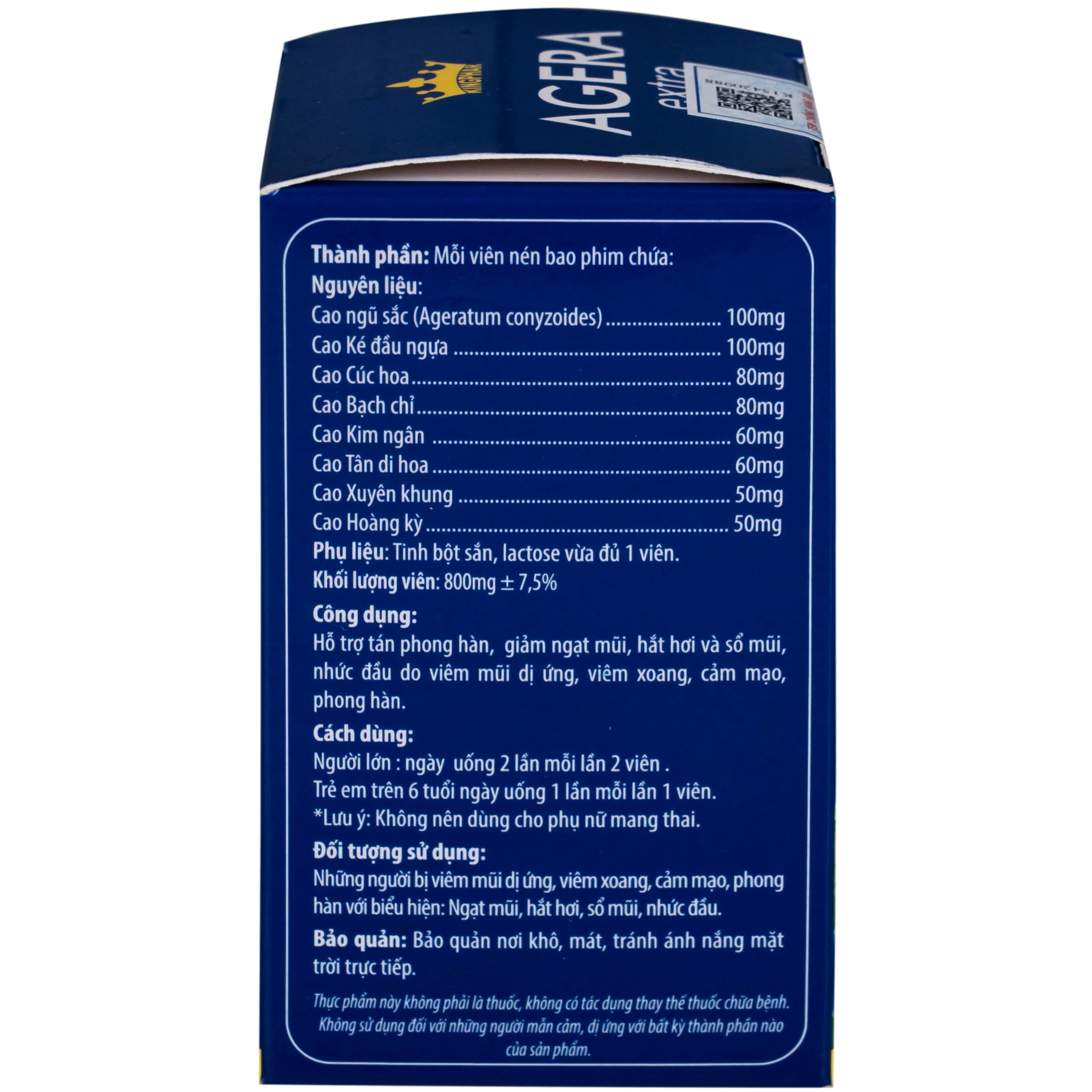 Viên uống hỗ trợ giảm ngạt mũi, hắt hơi và sổ mũi, nhức đầu do viêm mũi dị ứng Agera Extra Kingphar (60 viên)