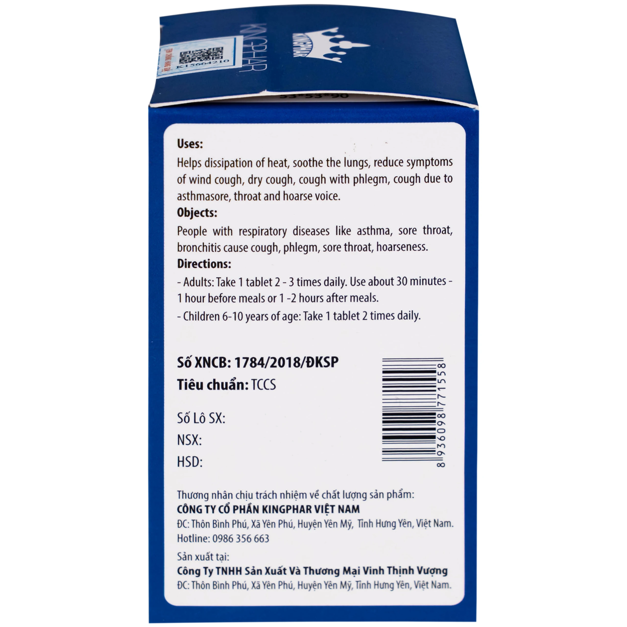 Viên uống giúp thanh nhiệt, nhuận phế, giảm ho Toàn Lộc Bổ Phế Kingphar (60 viên)