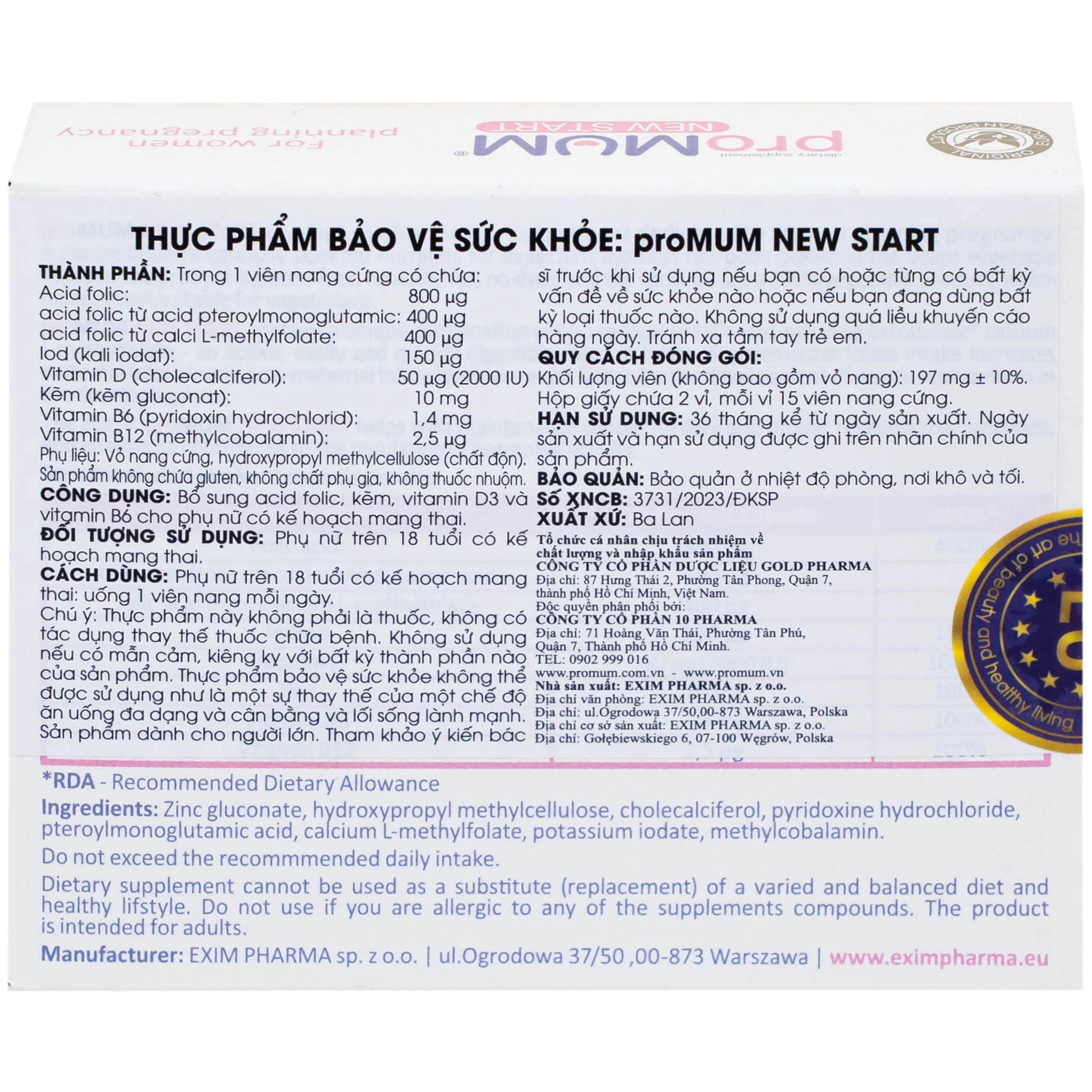 Viên uống bổ sung acid folic, kẽm, vitamin cho phụ nữ có kế hoạch mang thai proMUM New Start (2 vỉ x 15 viên)
