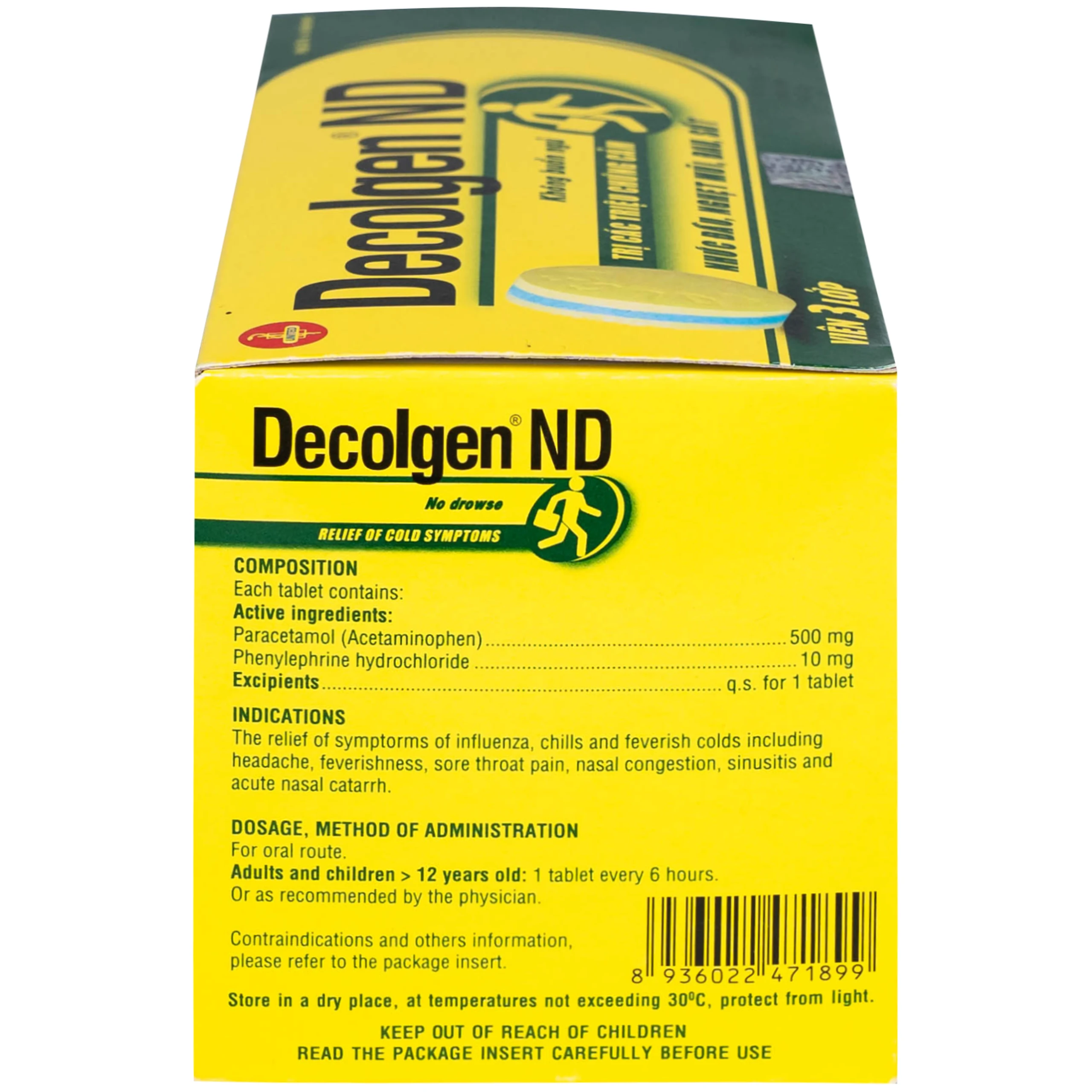 Thuốc Decolgen ND 500mg United giảm các triệu chứng cảm lạnh, cúm, sốt, đau họng, nghẹt mũi (30 vỉ x 4 viên)