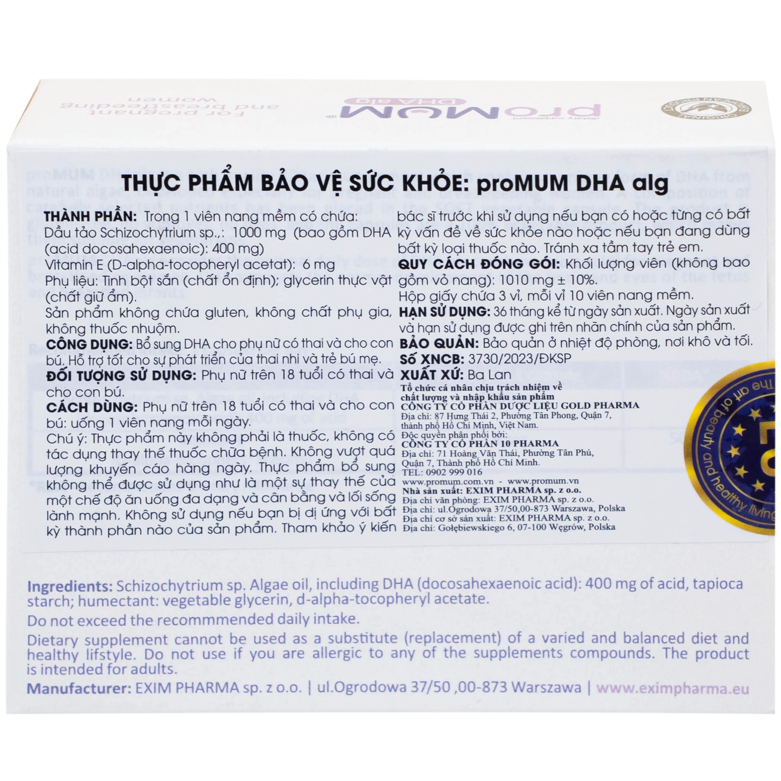 Viên uống bổ sung DHA cho phụ nữ có thai và cho con bú proMUM DHA Alg (3 vỉ x 10 viên)