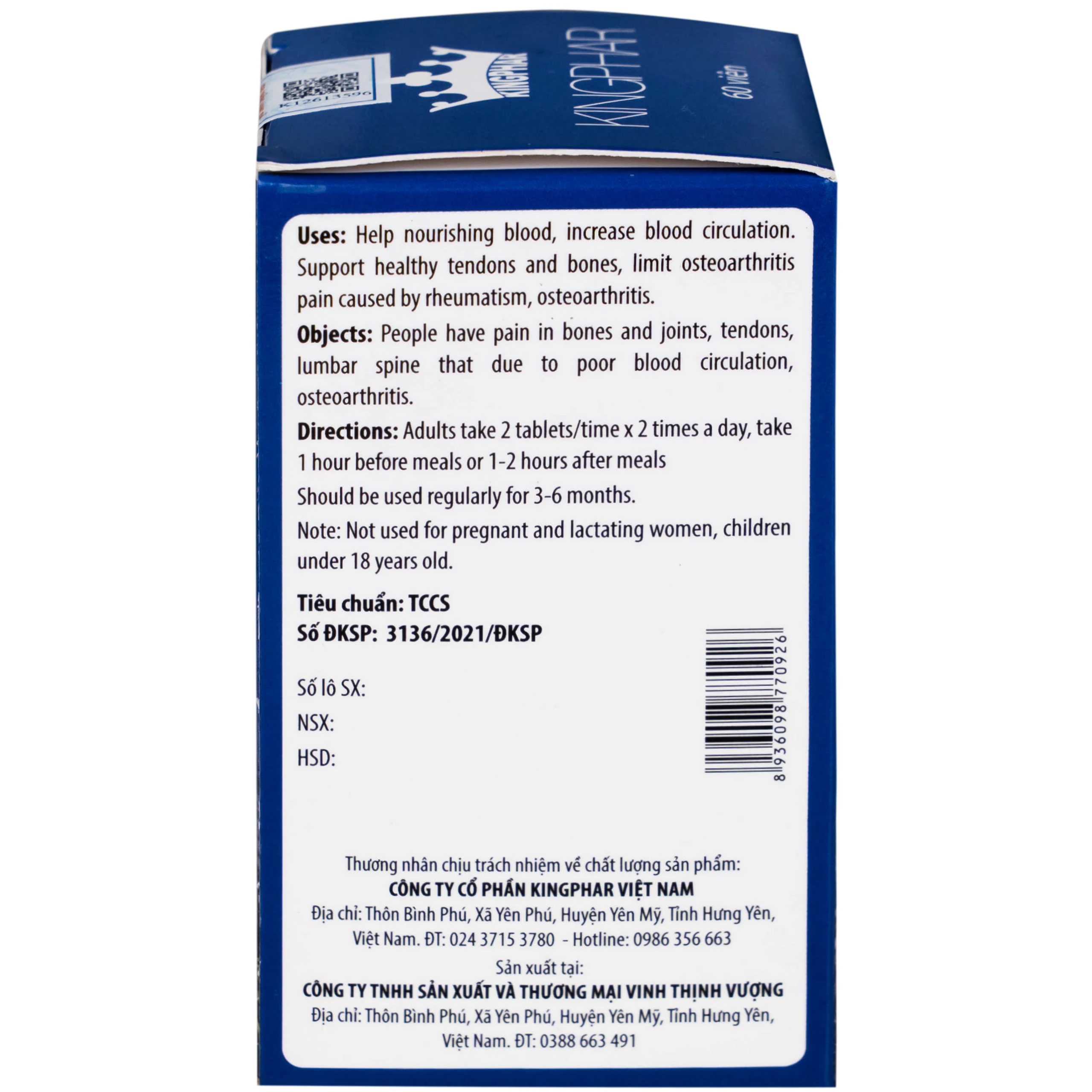 Viên uống giúp hoạt huyết, hỗ trợ gân cốt, hạn chế thoái hóa xương khớp Gai Xương Kingphar (60 viên)