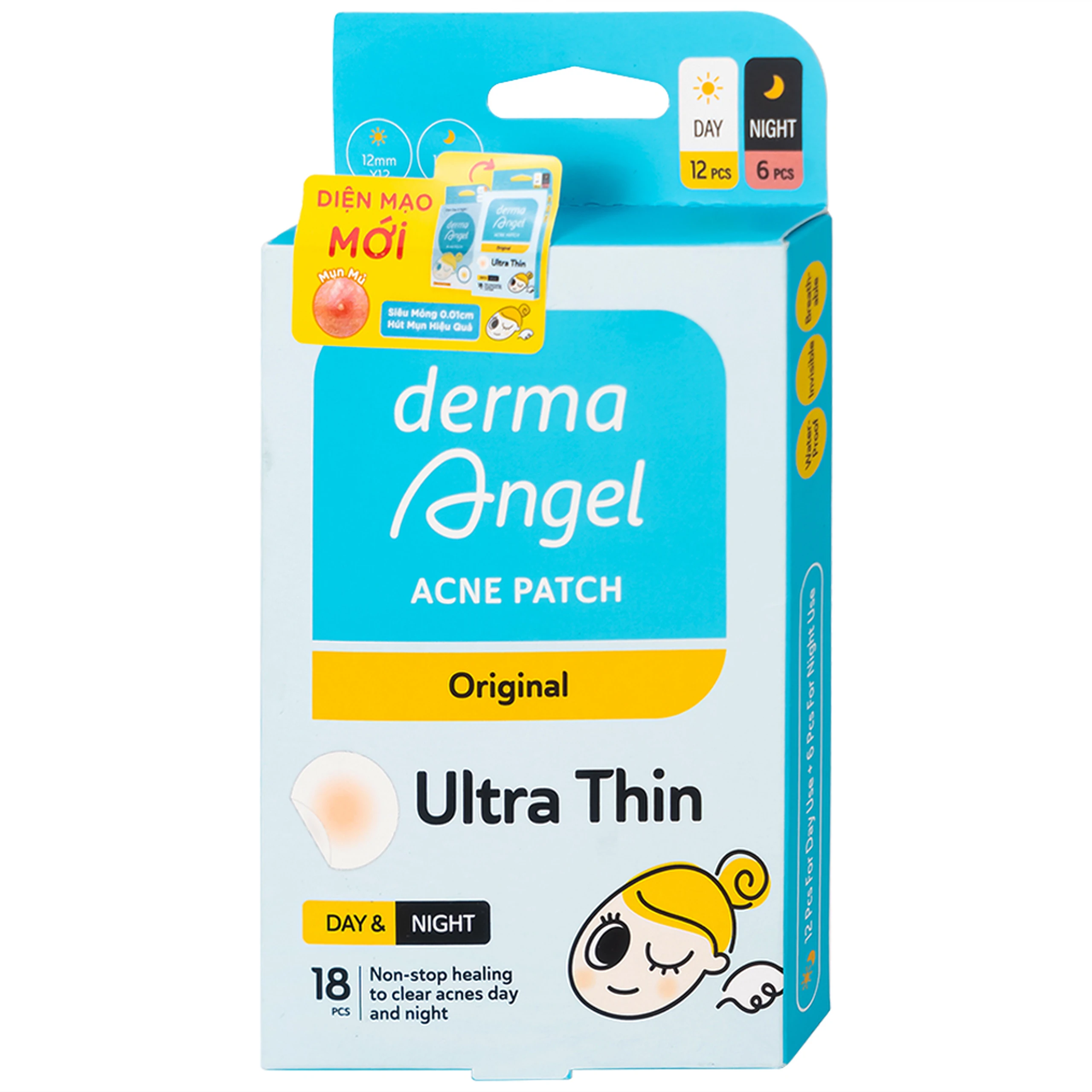 Miếng dán mụn ban ngày và đêm Derma Angel (12Đ + 6N miếng) hút mụn, làm lành vết thương sau mụn 