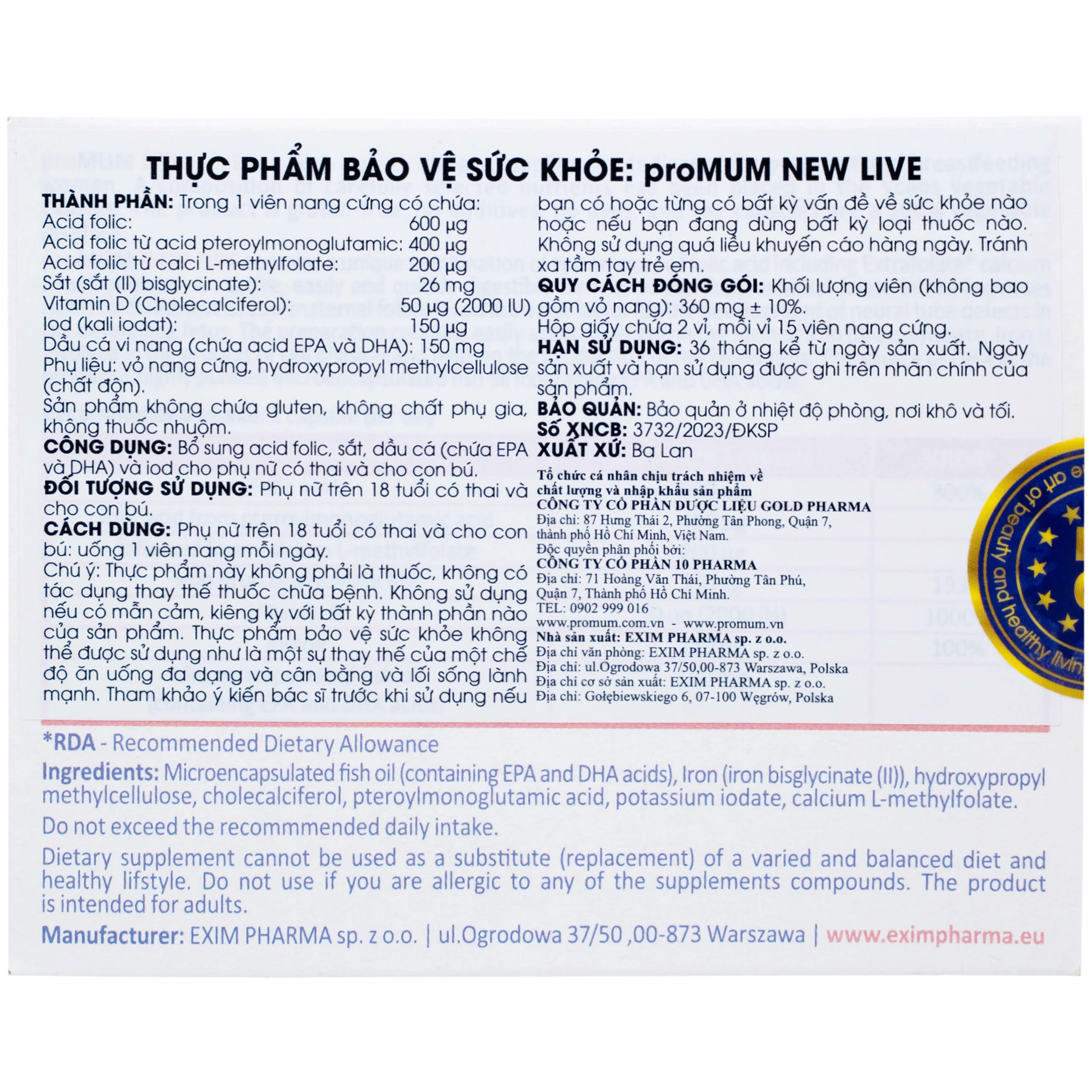 Viên uống bổ sung Acid folic, sắt cho phụ nữ mang thai và cho con bú proMUM New Live (2 vỉ x 15 viên)