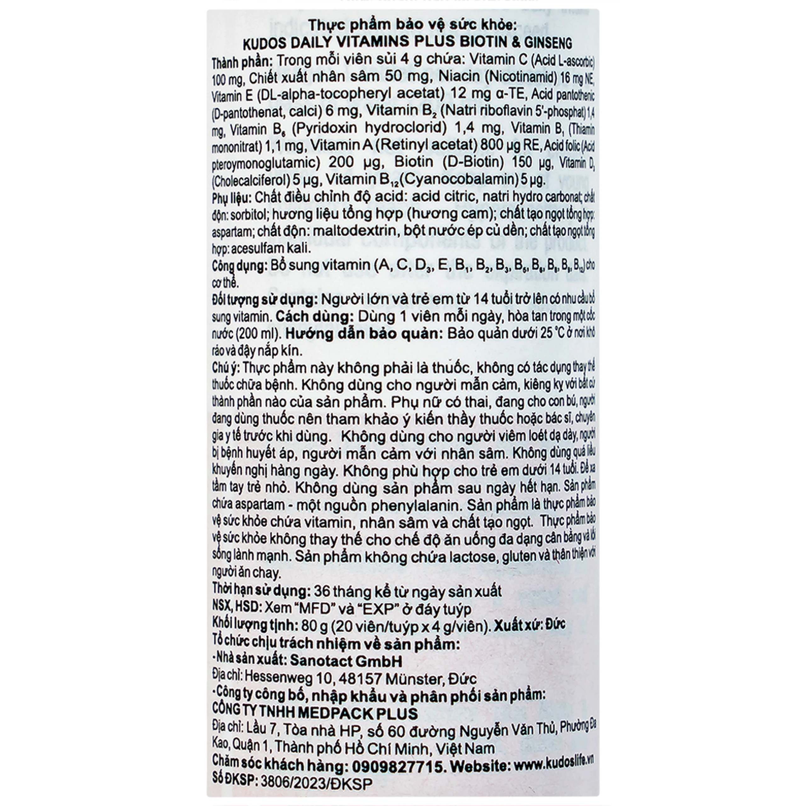 Viên sủi giúp bổ sung các vitamin cho cơ thể Kudos Daily Vitamins Plus Biotin & Ginseng hương cam (20 viên)