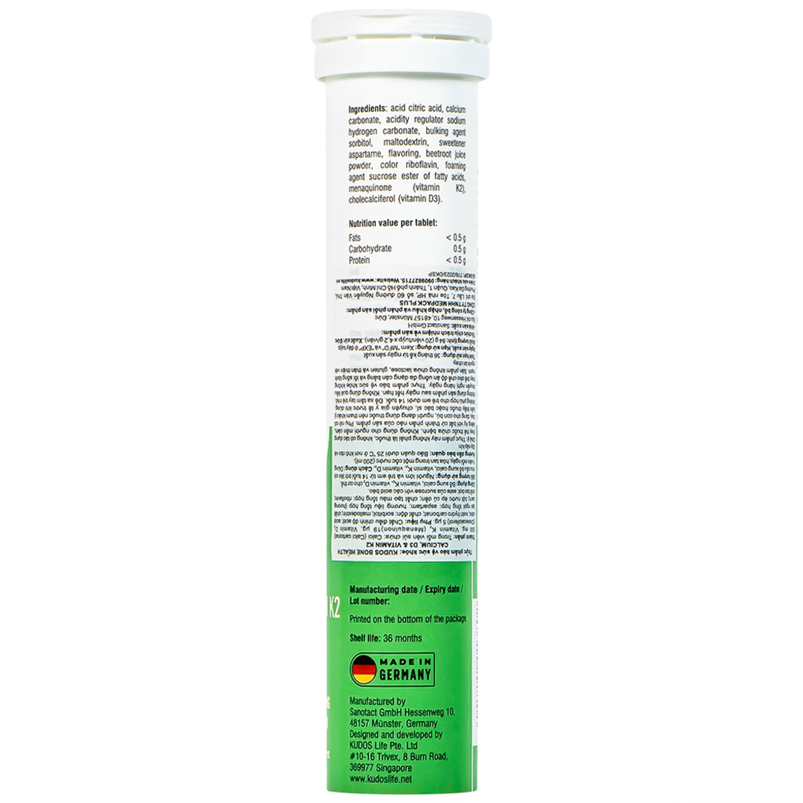 Viên sủi bổ sung canxi, vitamin K2, vitamin D3 cho cơ thể Kudos Bone hương cam (20 viên)