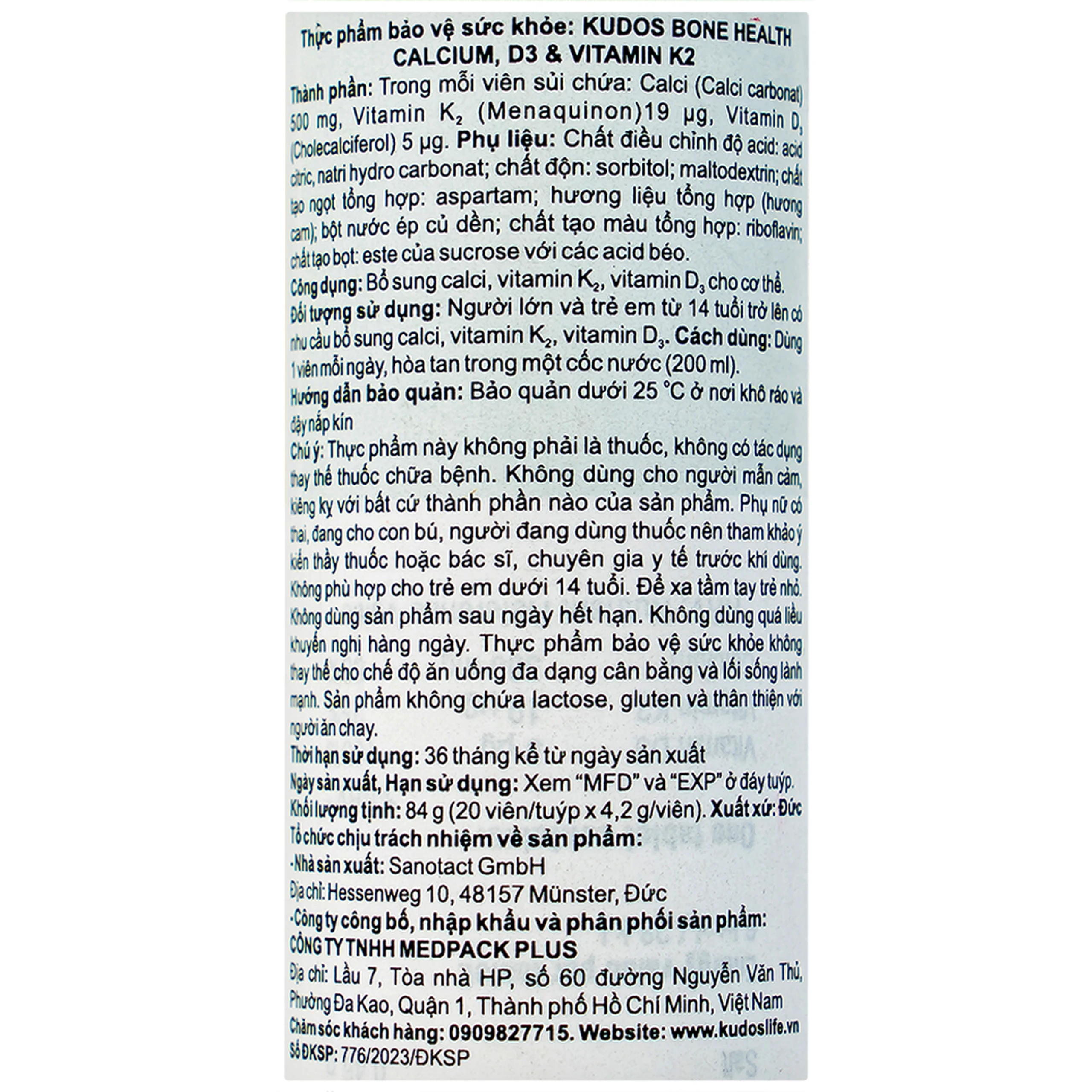 Viên sủi bổ sung canxi, vitamin K2, vitamin D3 cho cơ thể Kudos Bone hương cam (20 viên)