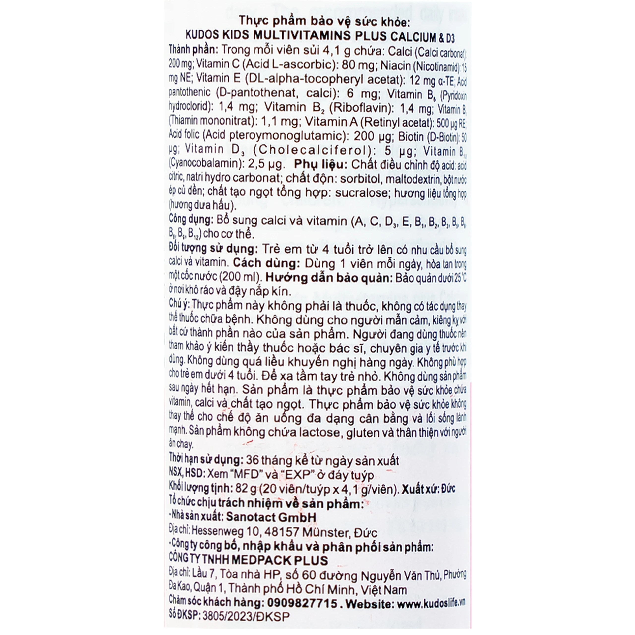 Viên sủi bổ sung calci và vitamin cho trẻ em Kudos Kids Multivitamins Plus Calcium & D3 hương dưa hấu (20 viên)