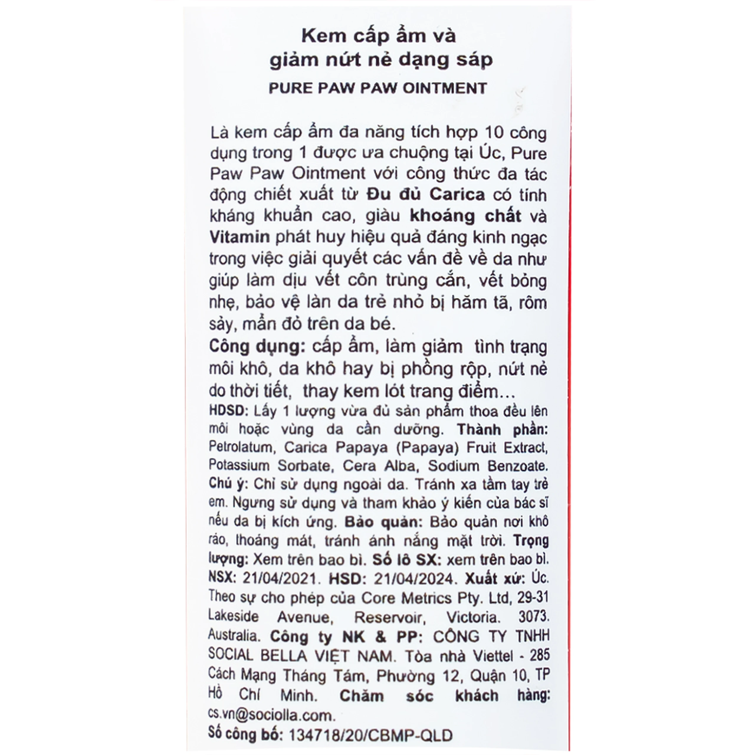 Kem bôi làm dịu da, vết cắn côn trùng Pure Paw Paw Ointment chiết xuất đu đủ 25g