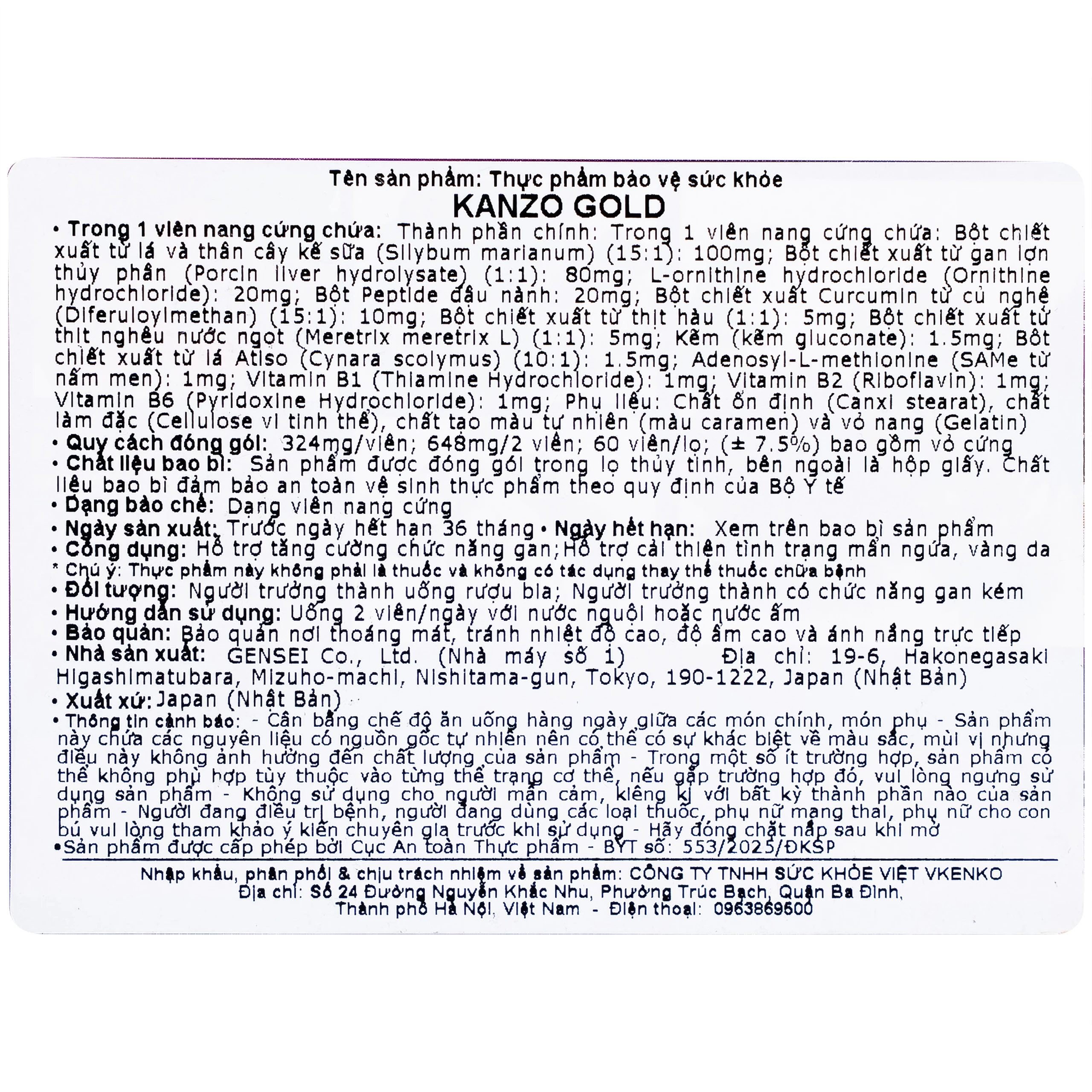 Viên uống bổ gan hỗ trợ tăng cường chức năng gan Kanzo Gold (60 viên)