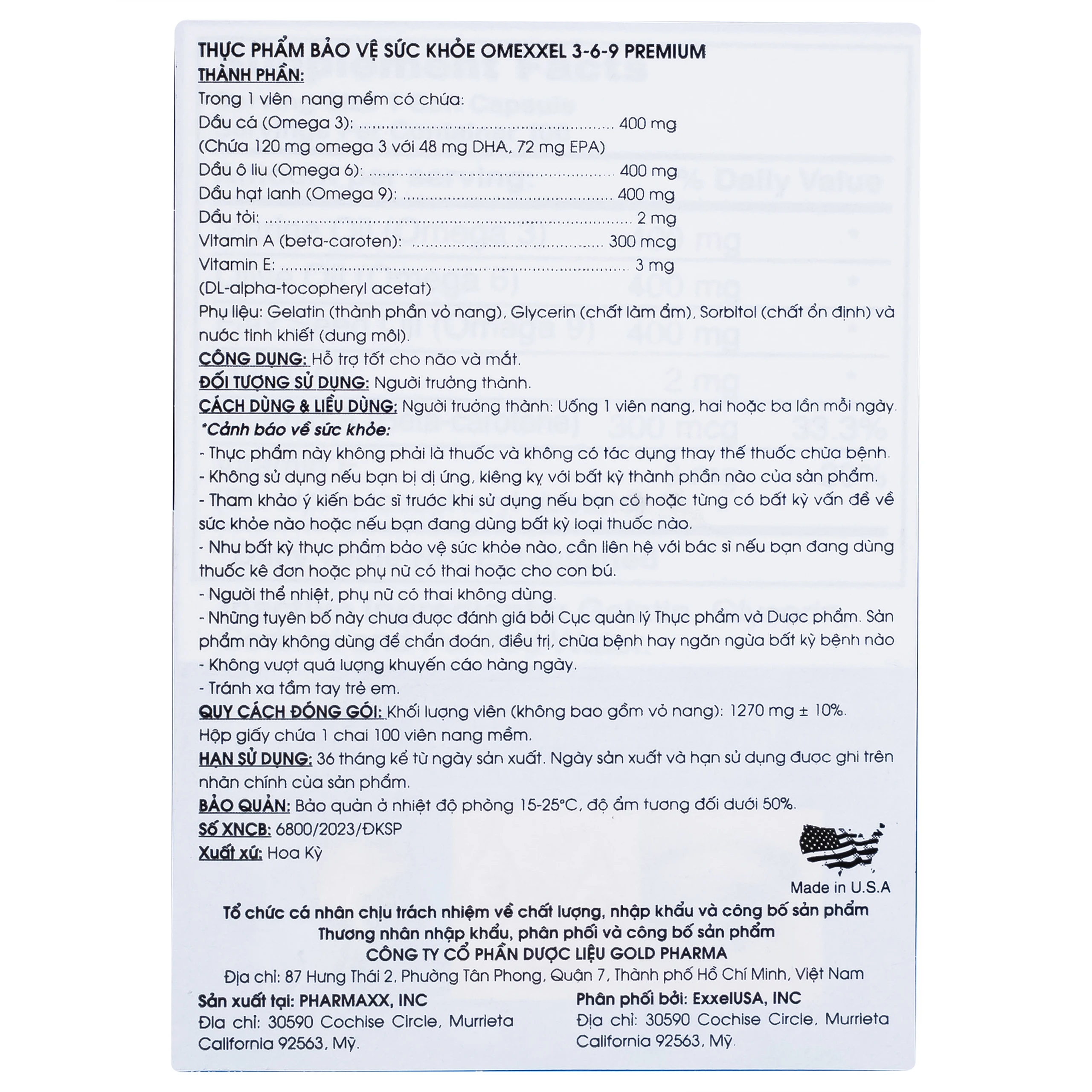 Viên uống hỗ trợ tốt cho não và mắt Omexxel 3-6-9 Premium (100 viên)