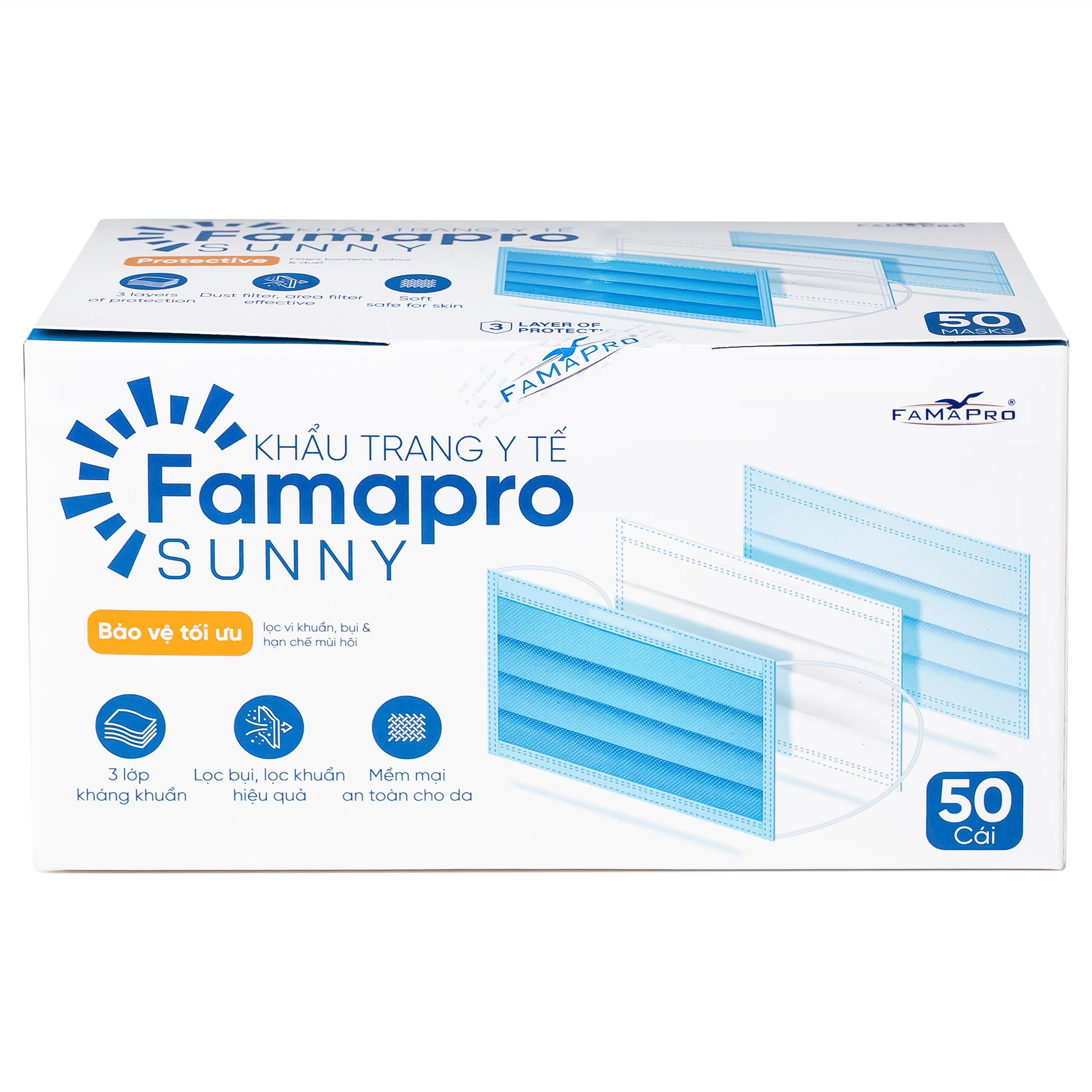Khẩu trang 3 lớp Famapro màu xanh (50 cái) Nam Anh ngăn khói bụi, vi khuẩn