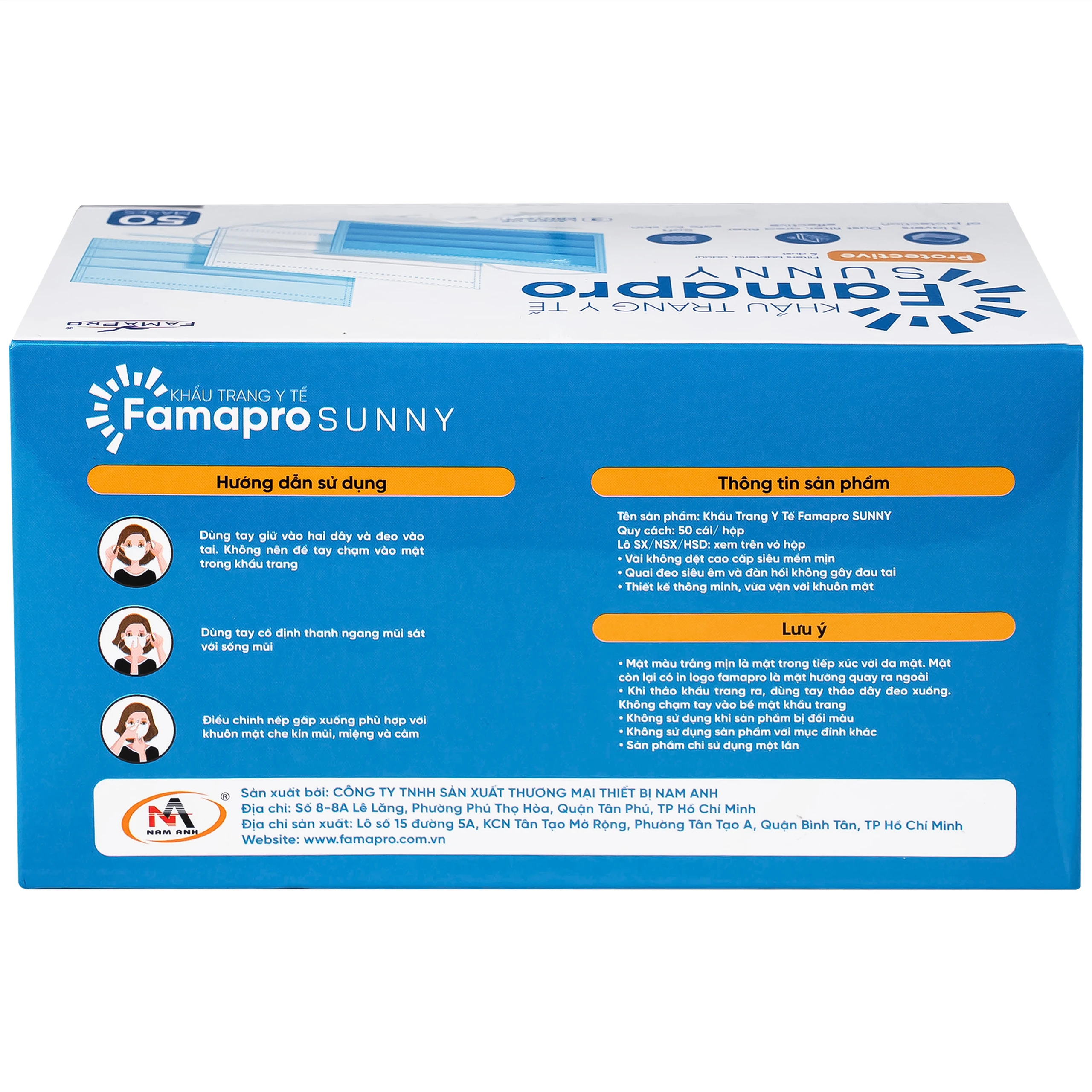 Khẩu trang 3 lớp Famapro màu xanh (50 cái) Nam Anh ngăn khói bụi, vi khuẩn