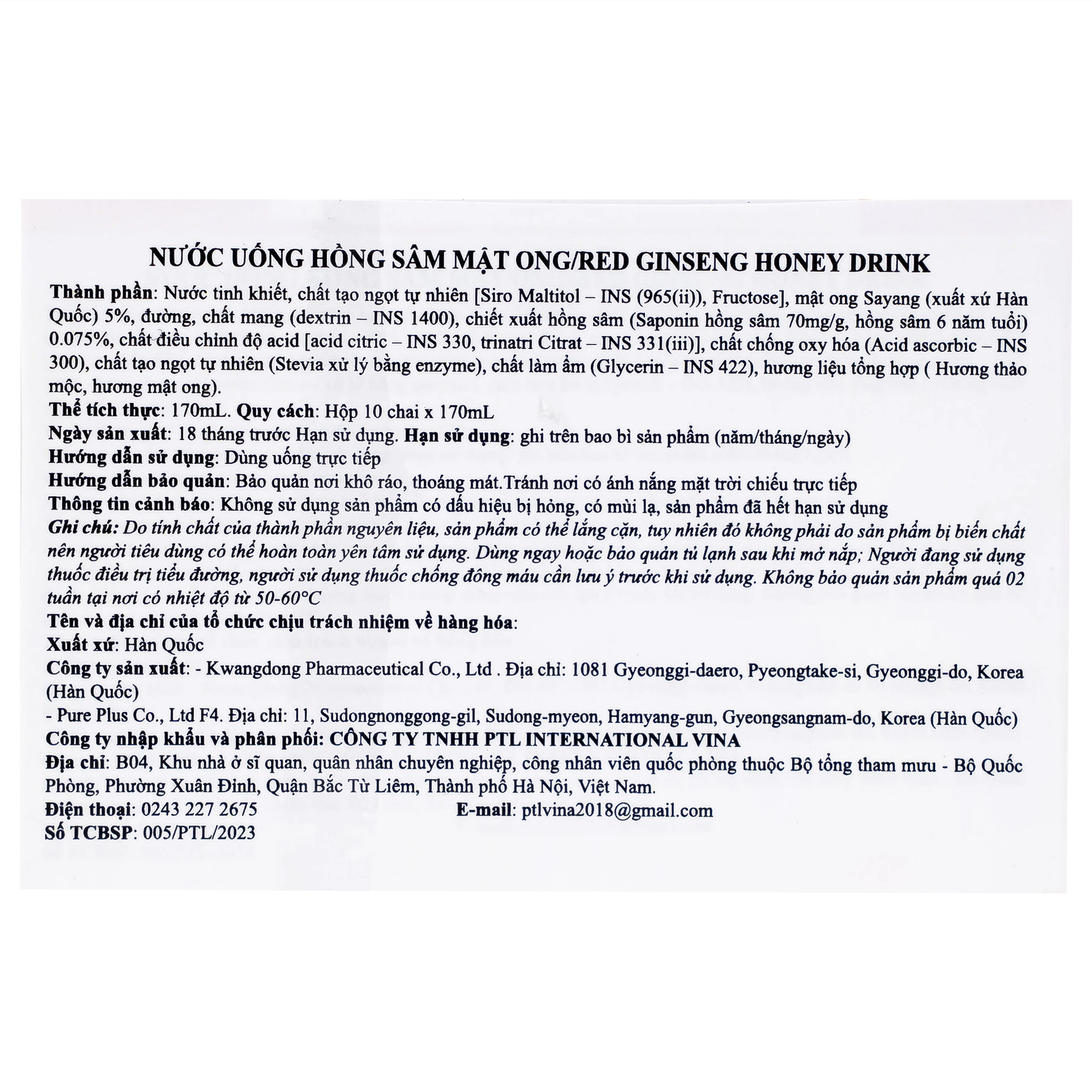 Nước Hồng Sâm Mật Ong Kwangdong (10 chai x 170ml)