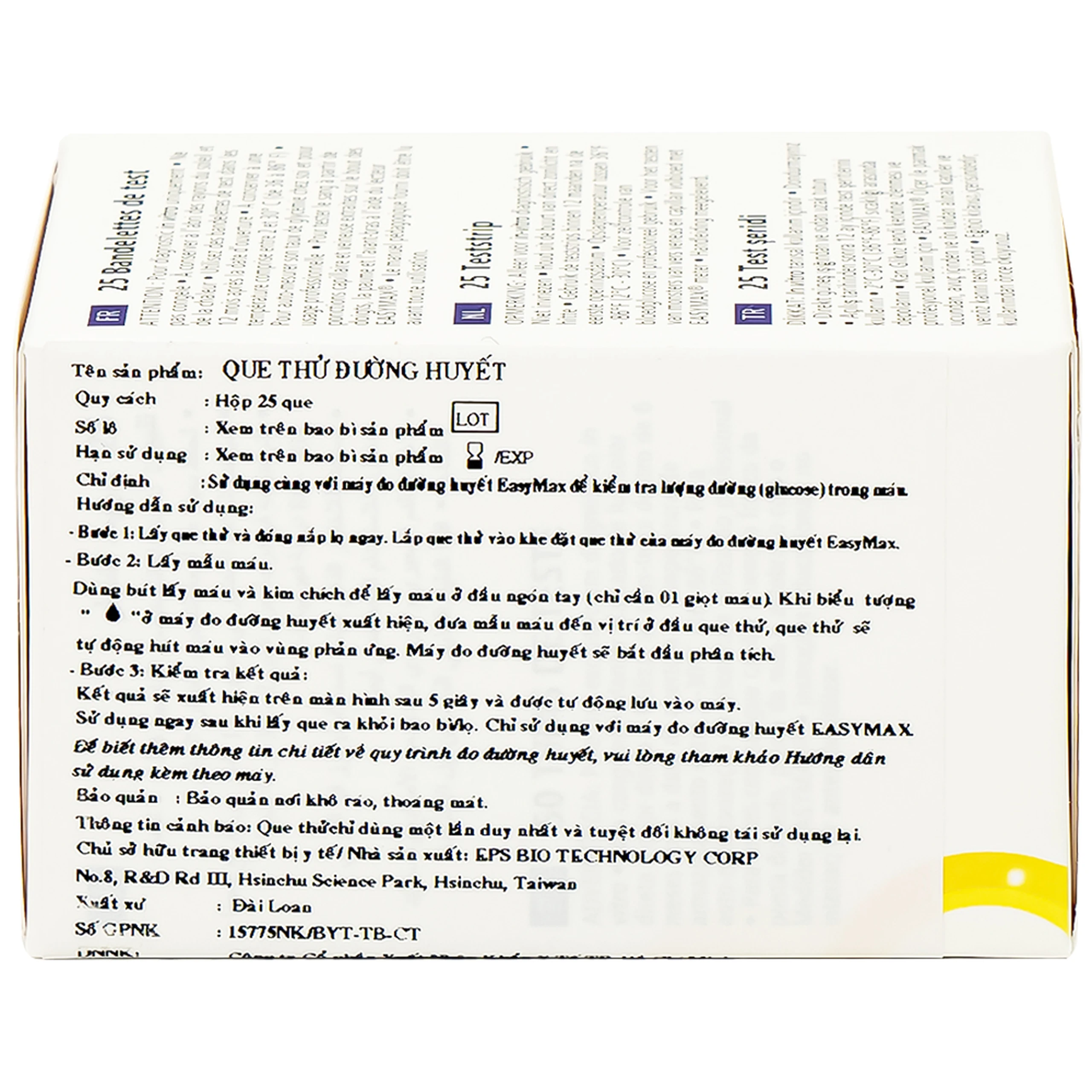 Combo 3 hộp que thử đường huyết Easy Max (25 cái) - tặng máy đo đường huyết Easy Max Tag