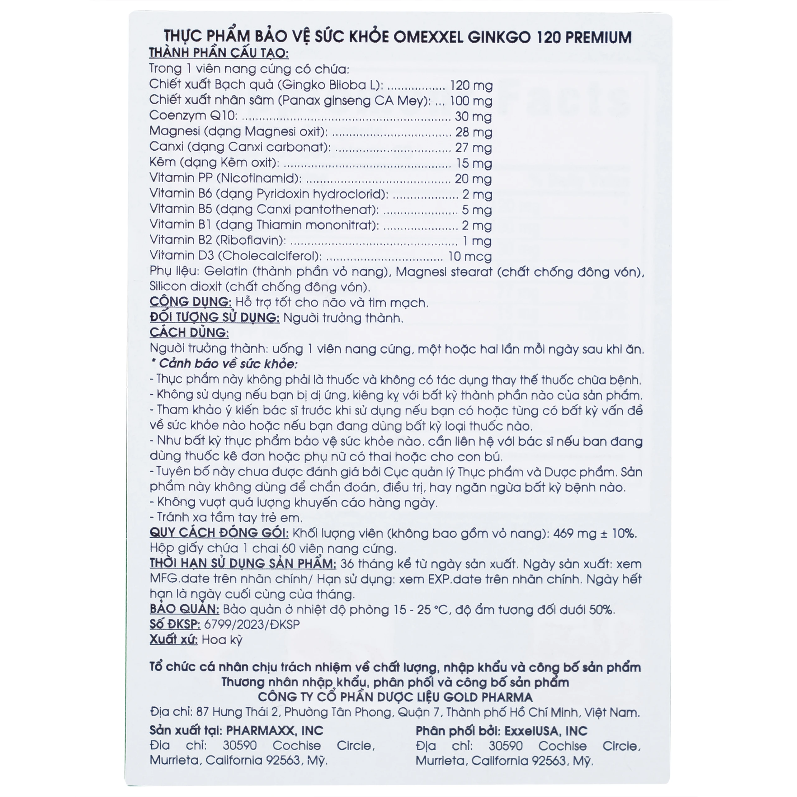 Viên uống hỗ trợ tốt cho não và tim mạch Omexxel Ginkgo 120 Premium (60 viên)