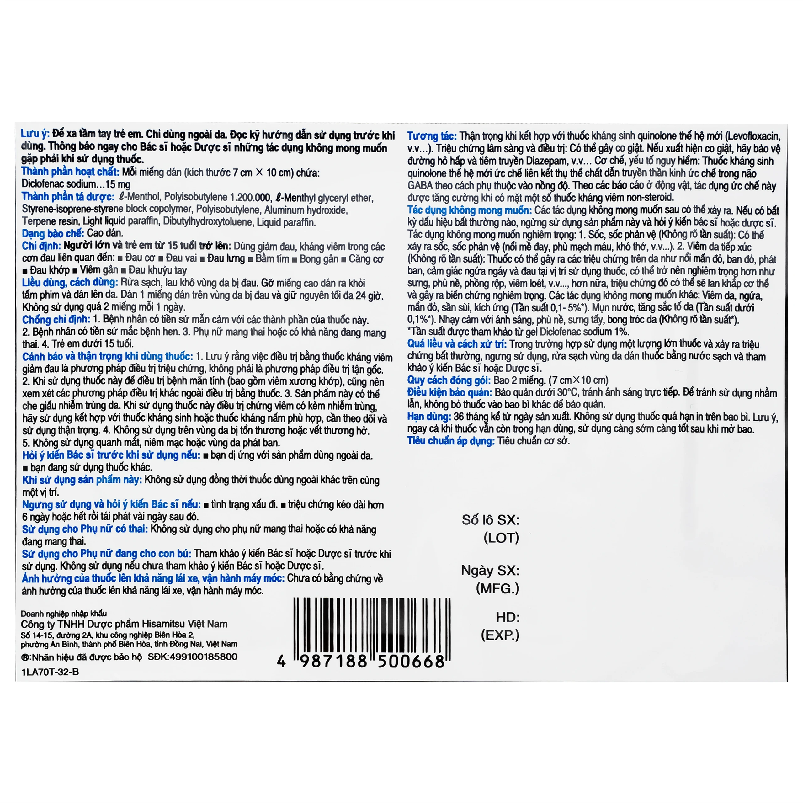Cao dán Salonpas Diclofenac Patch Hisamitsu giảm đau, kháng viêm đau cơ, đau vai (15 gói x 2 miếng)