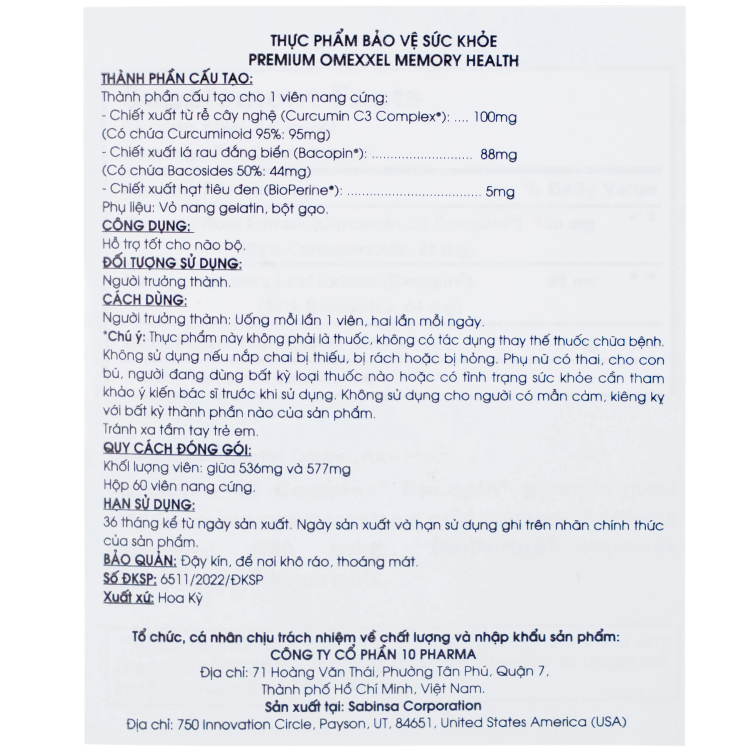 Viên uống hỗ trợ tốt cho não bộ Premium Omexxel Memory Health (60 viên)