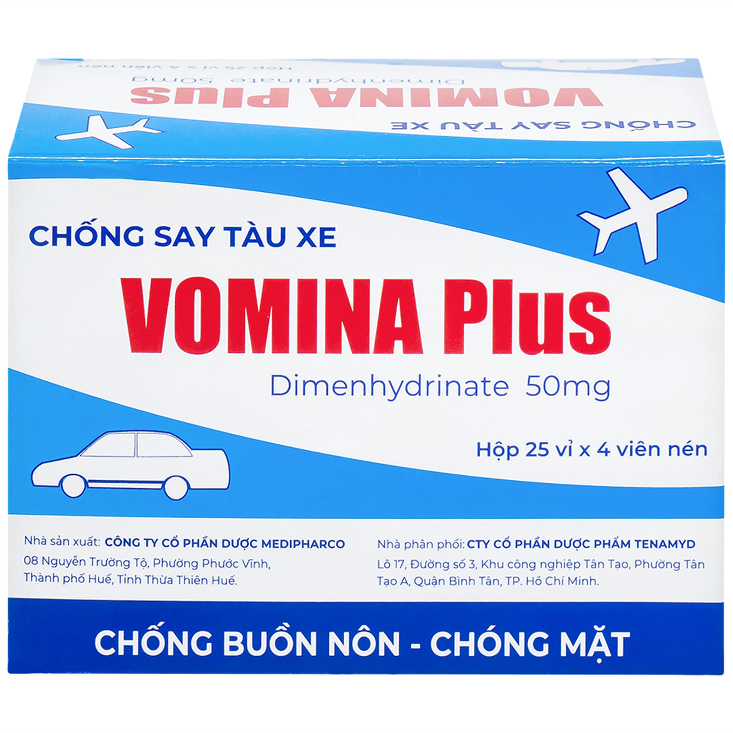 Thuốc Vomina Plus 50mg Medipharco phòng và điều trị triệu chứng buồn nôn, chóng mặt khi say tàu xe (25 vỉ x 4 viên)