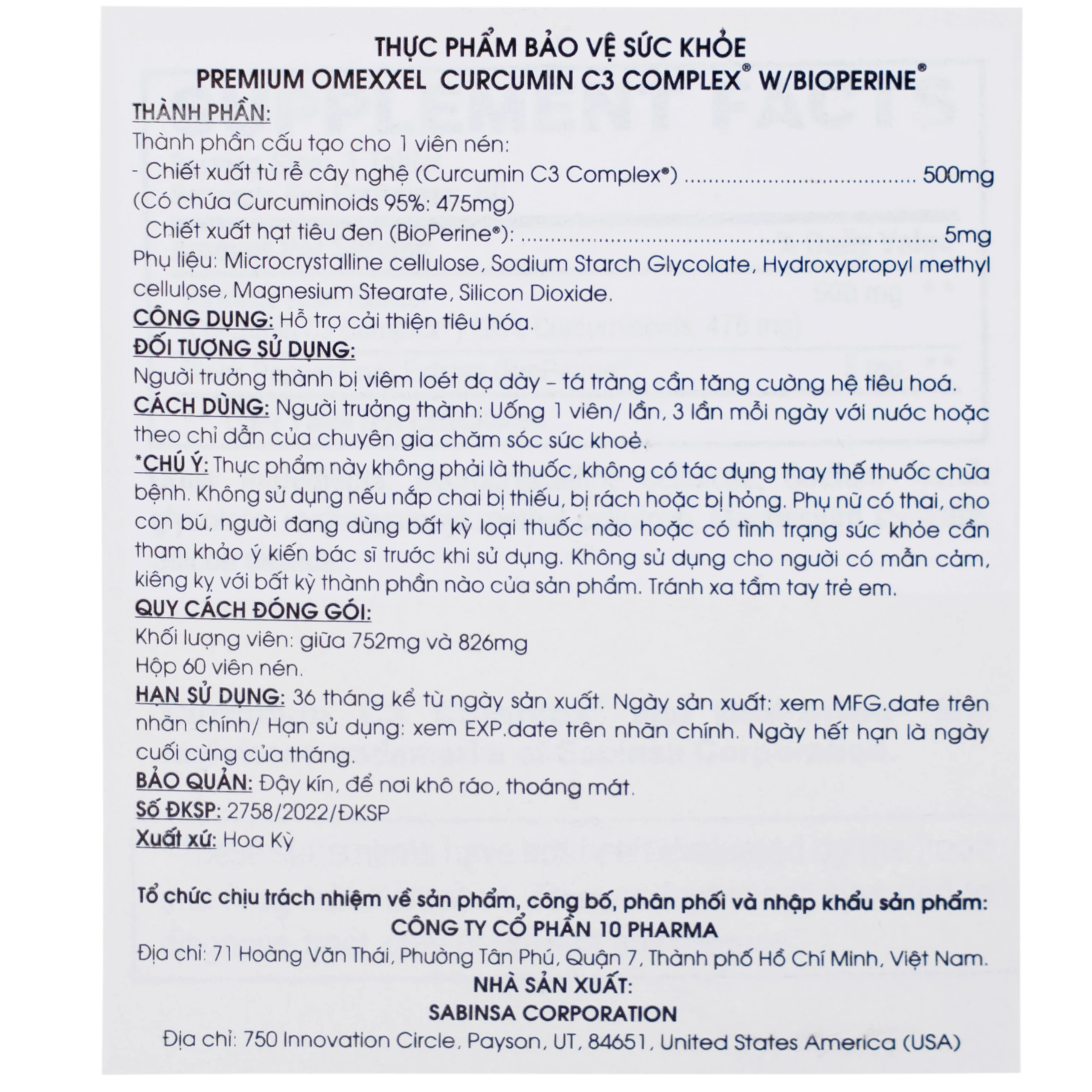 Viên uống hỗ trợ cải thiện tiêu hóa Premium Omexxel Curcumin C3 Complex W/Bioperine (60 viên)