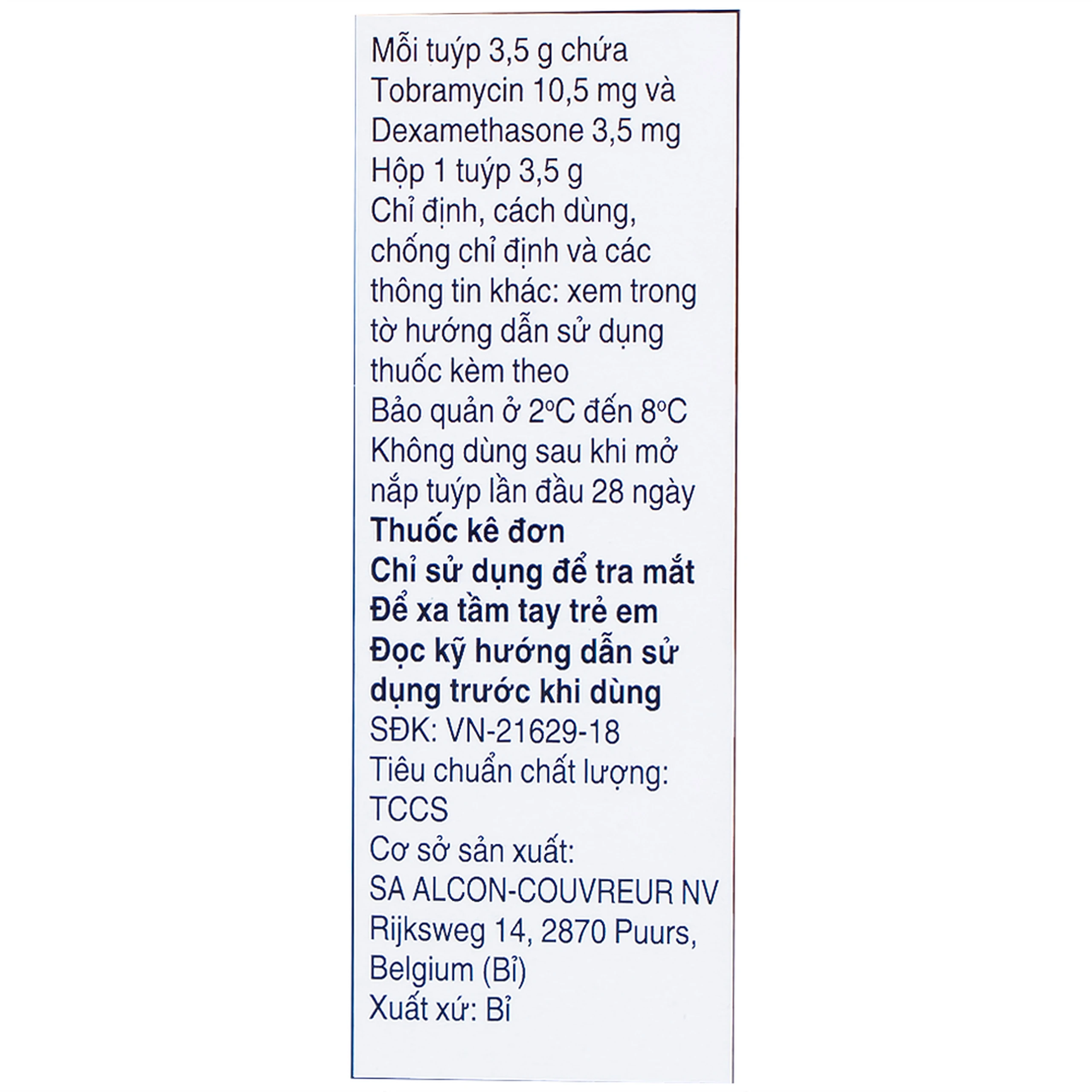 Thuốc mỡ tra mắt TobraDex Alcon điều trị viêm và nhiễm khuẩn (3,5g)