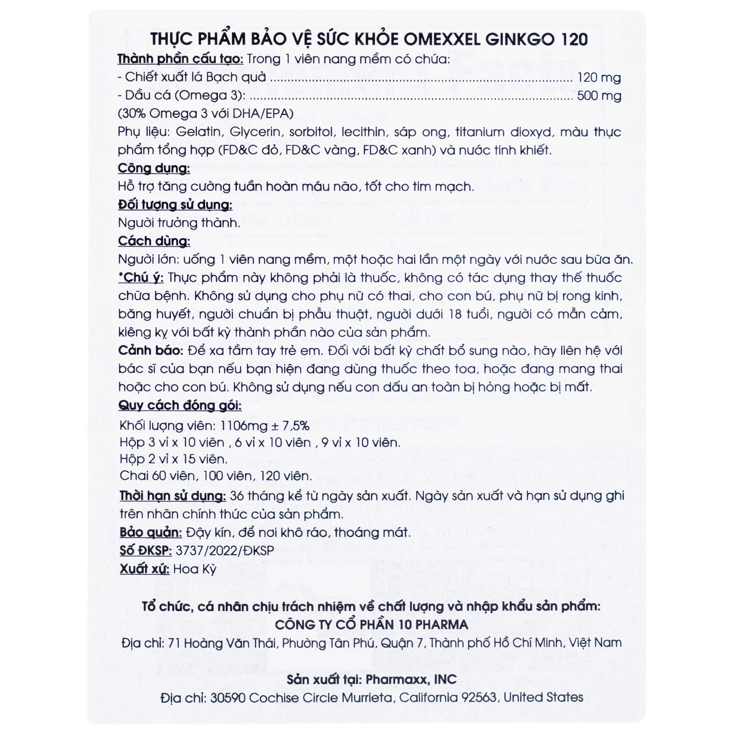 Viên uống hỗ trợ tăng tuần hoàn não, tốt cho tim mạch Omexxel Ginkgo 120 (60 viên)