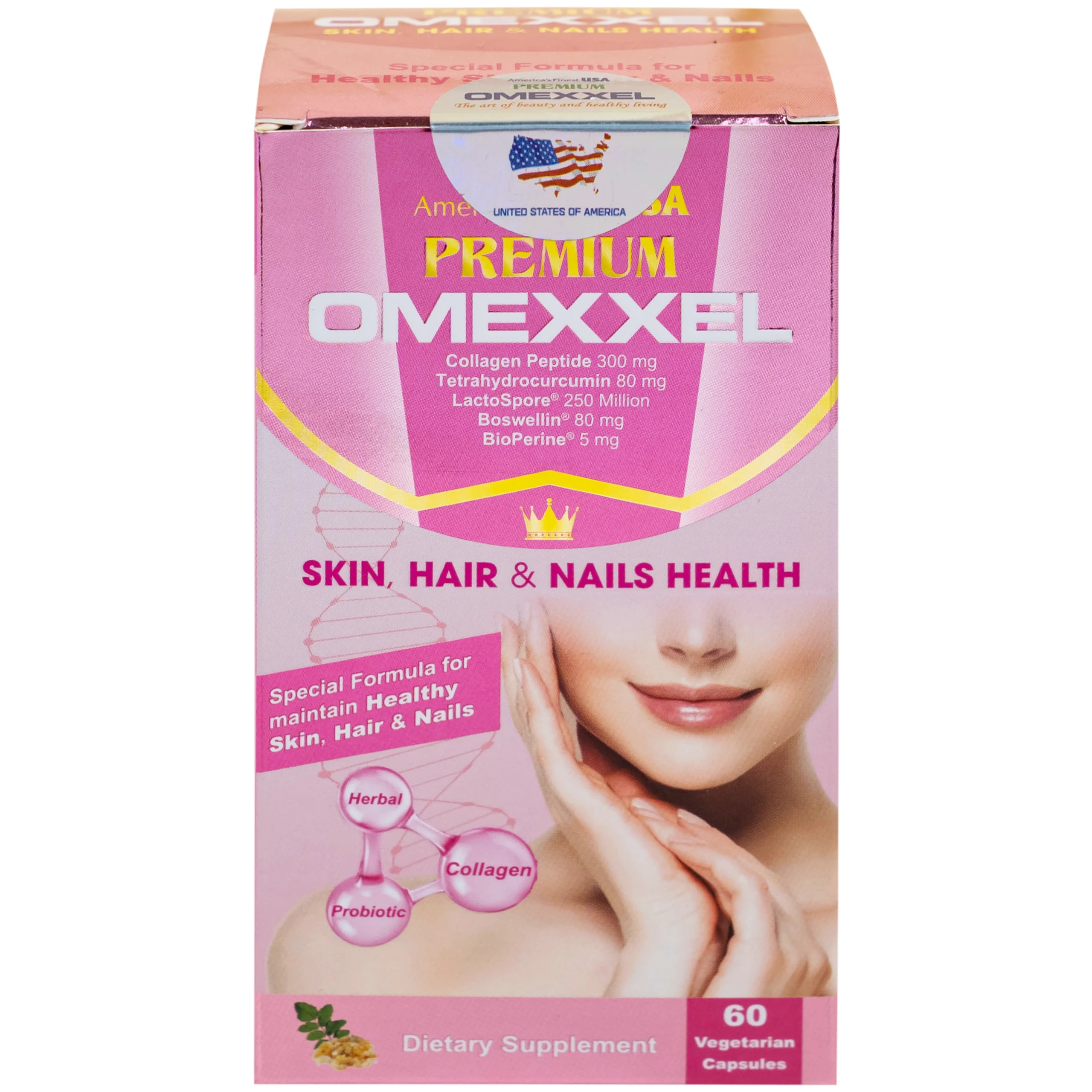 Viên uống bổ sung collagen, giúp làm đẹp da, tóc, móng chắc khỏe Premium Omexxel Skin Hair & Nails Health (60 viên)