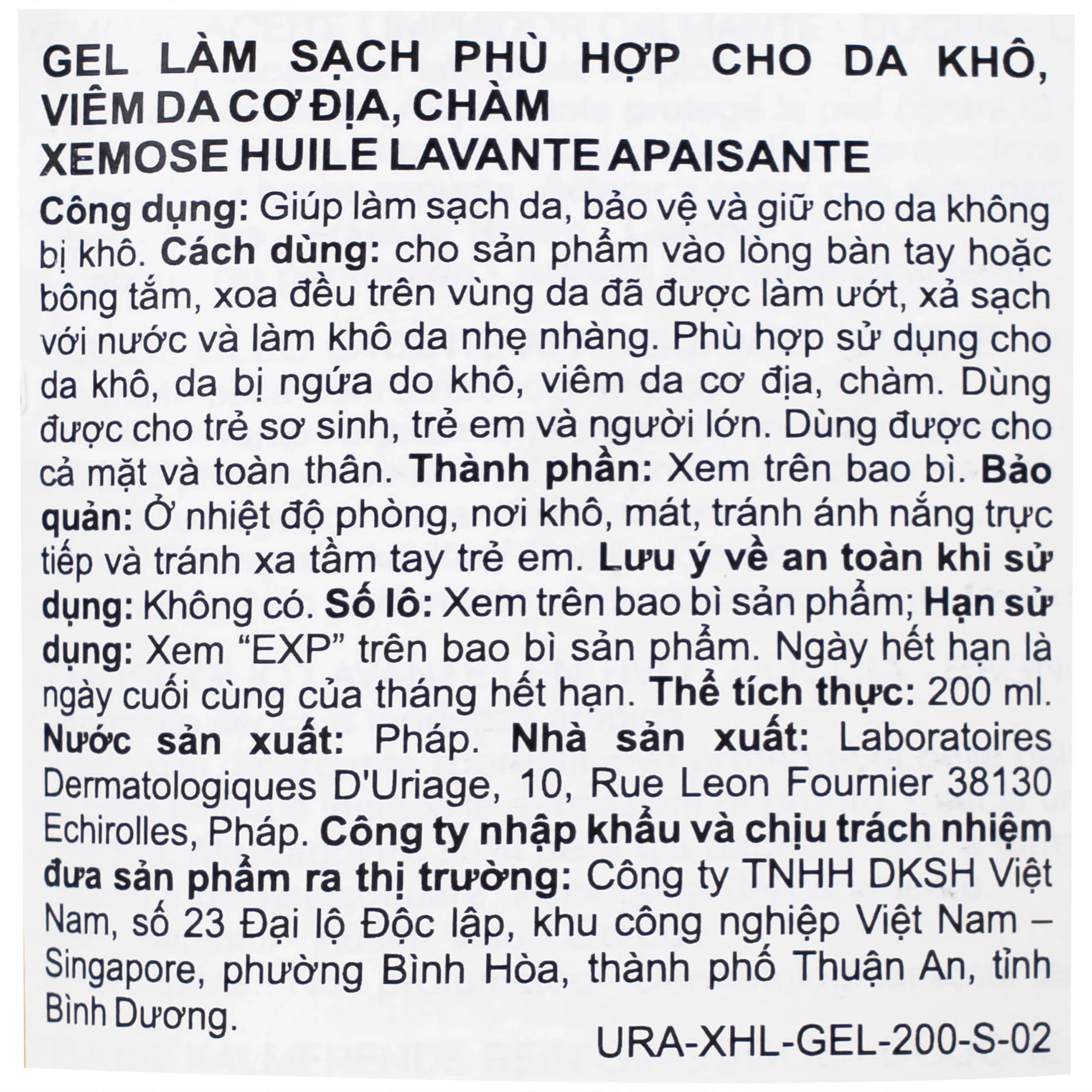 Gel tắm Uriage Xemoss Huile Lavante Apaisante dành cho da khô, viêm da cơ địa (200ml)