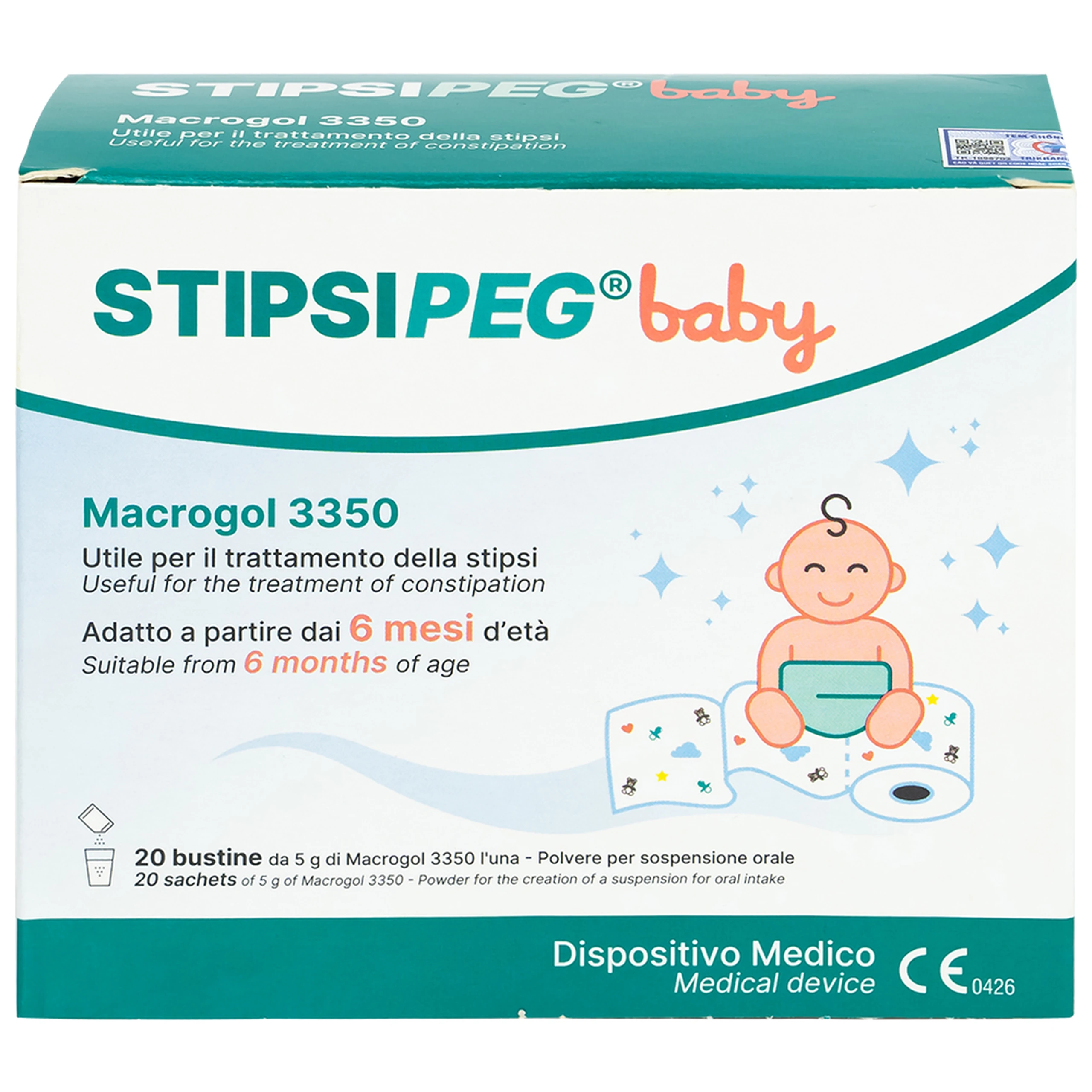 Bột nhuận tràng Stipsipeg Baby Macrogol 3350 (20 gói x 5g) cải thiện tình trạng táo bón cho trẻ từ 6 tháng tuổi