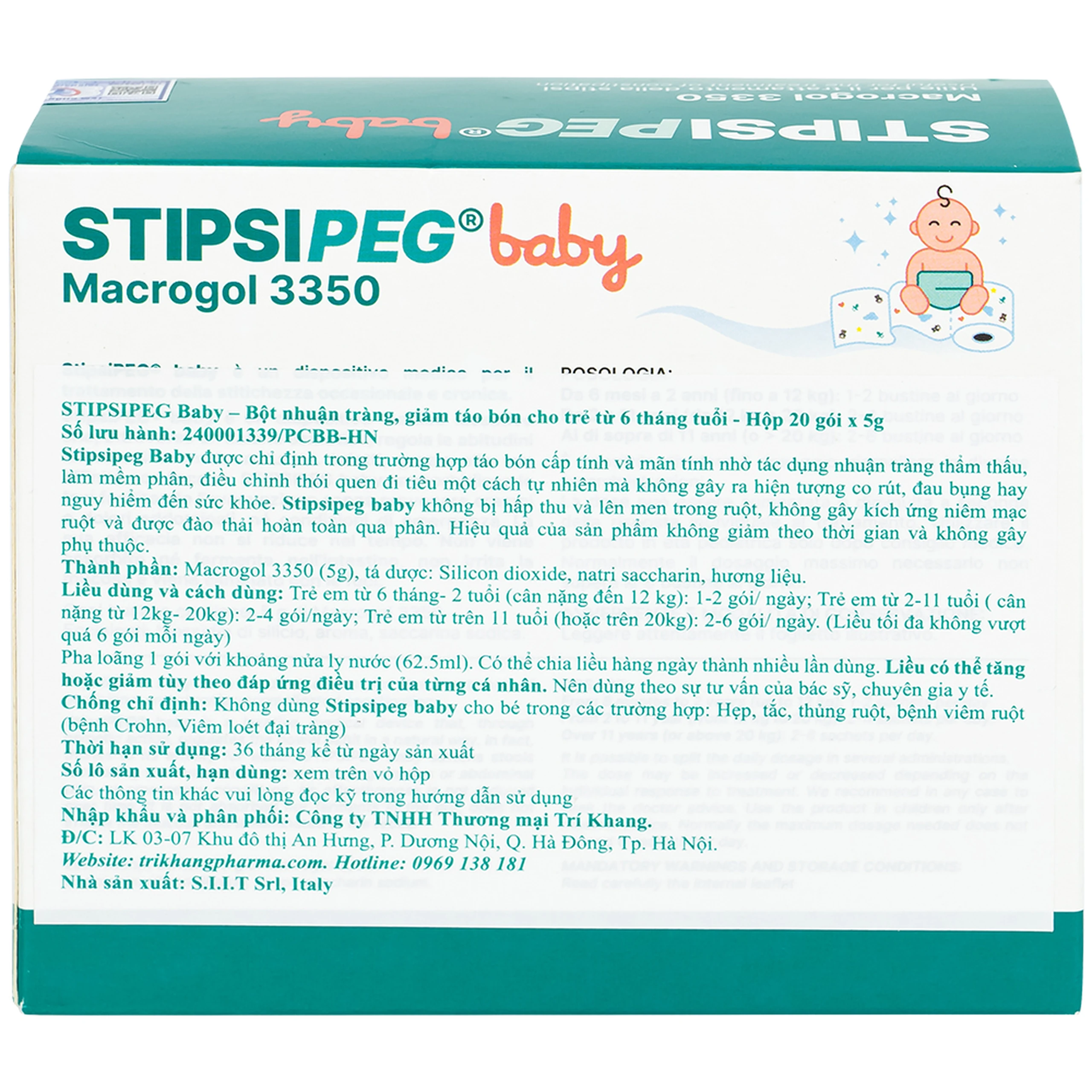 Bột nhuận tràng Stipsipeg Baby Macrogol 3350 (20 gói x 5g) cải thiện tình trạng táo bón cho trẻ từ 6 tháng tuổi