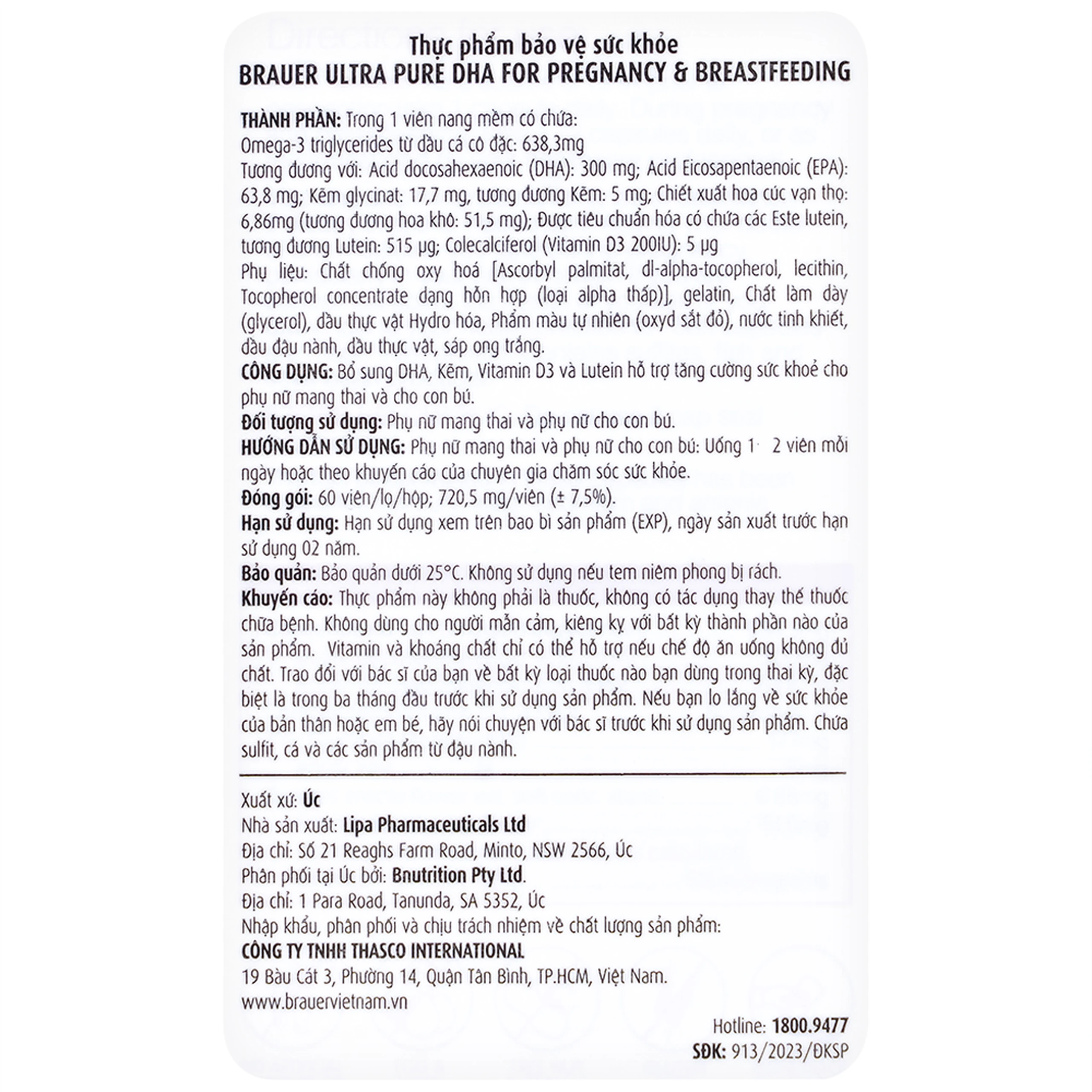Viên uống hỗ trợ tăng cường sức khoẻ phụ nữ mang thai và cho con bú Brauer Ultra Pure DHA For Pregnancy & Breastfeeding (60 viên)