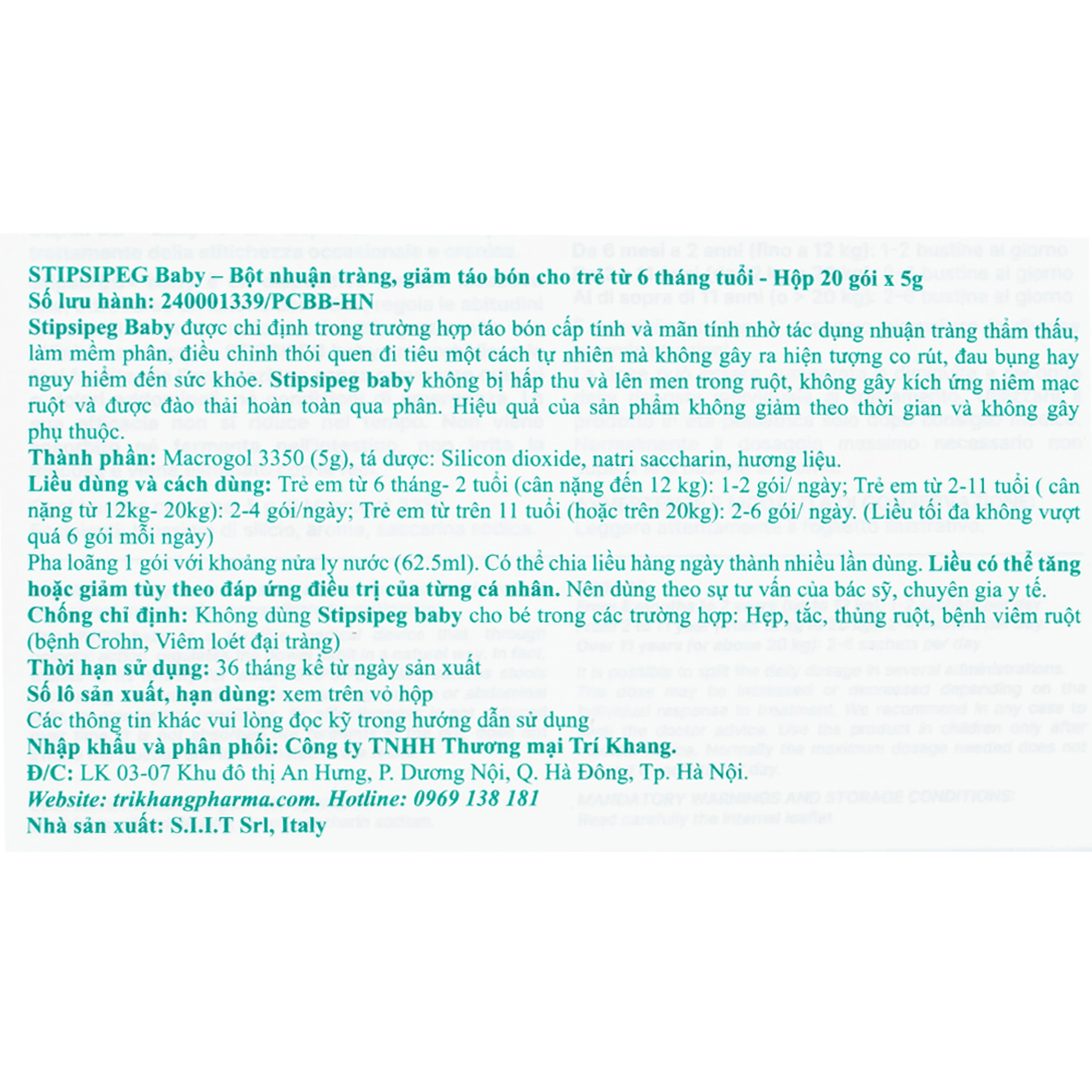Bột nhuận tràng Stipsipeg Baby Macrogol 3350 (20 gói x 5g) cải thiện tình trạng táo bón cho trẻ từ 6 tháng tuổi