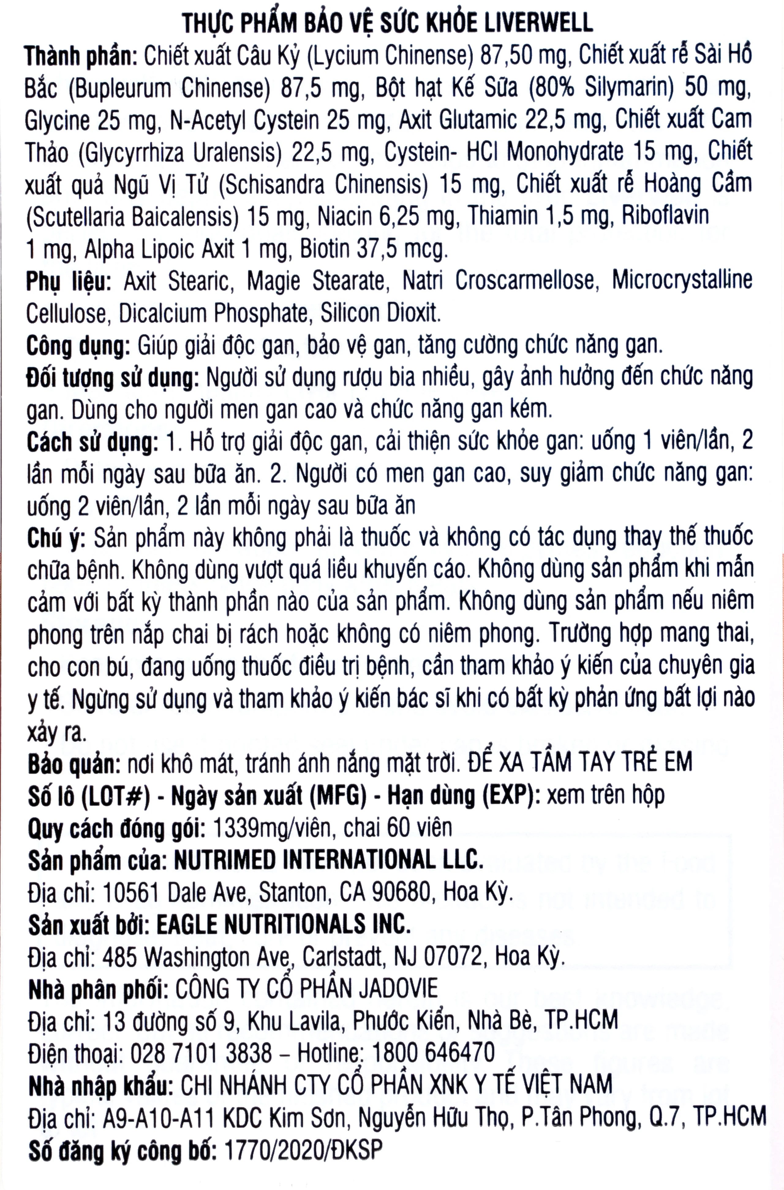 Viên uống giúp giải độc gan, tăng cường chức năng gan, bảo vệ gan Liverwell Nutrimed (60 viên)