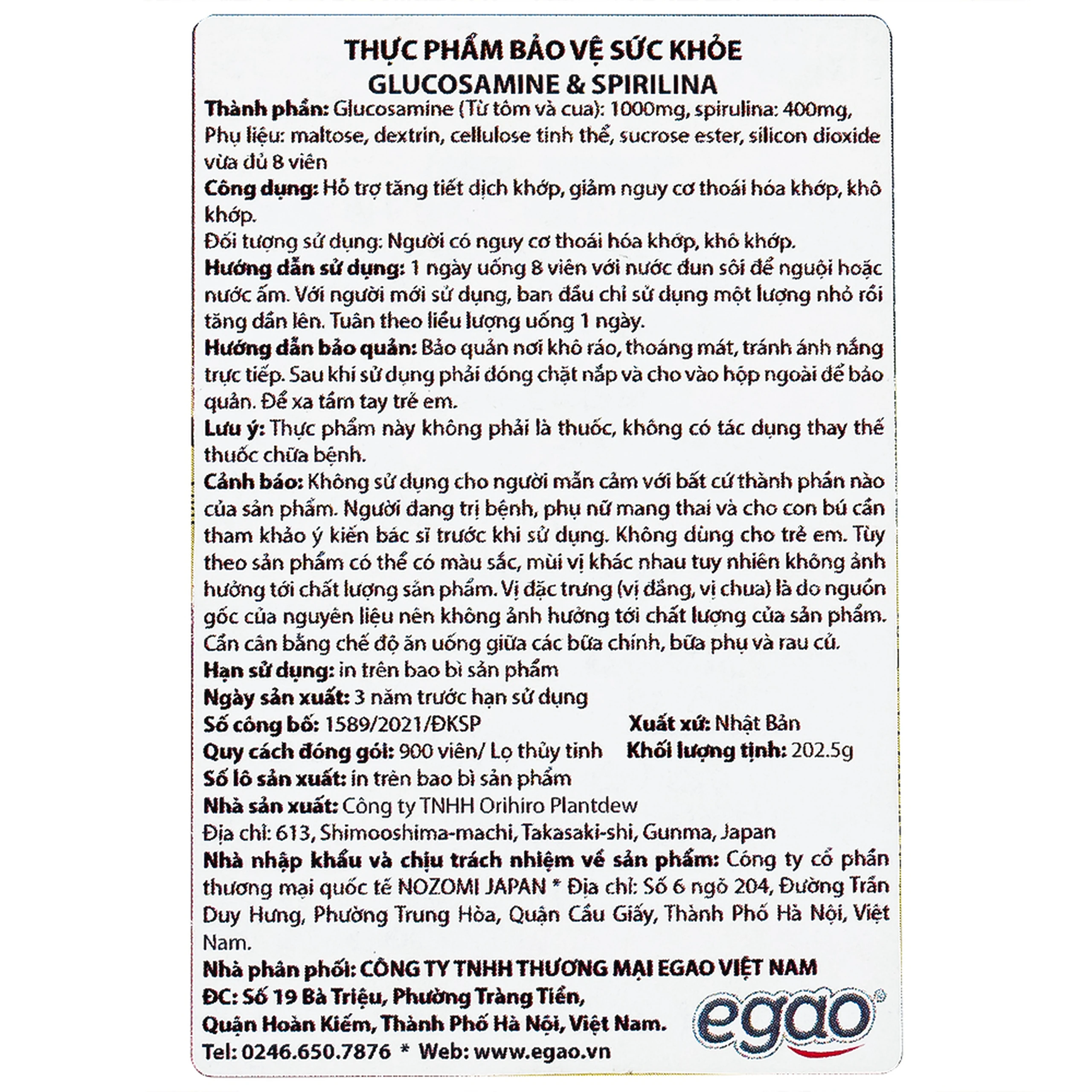 Viên uống tăng tiết dịch khớp giảm thoái hóa khớp Orihiro Glucosamine and Spirulna (900 viên)