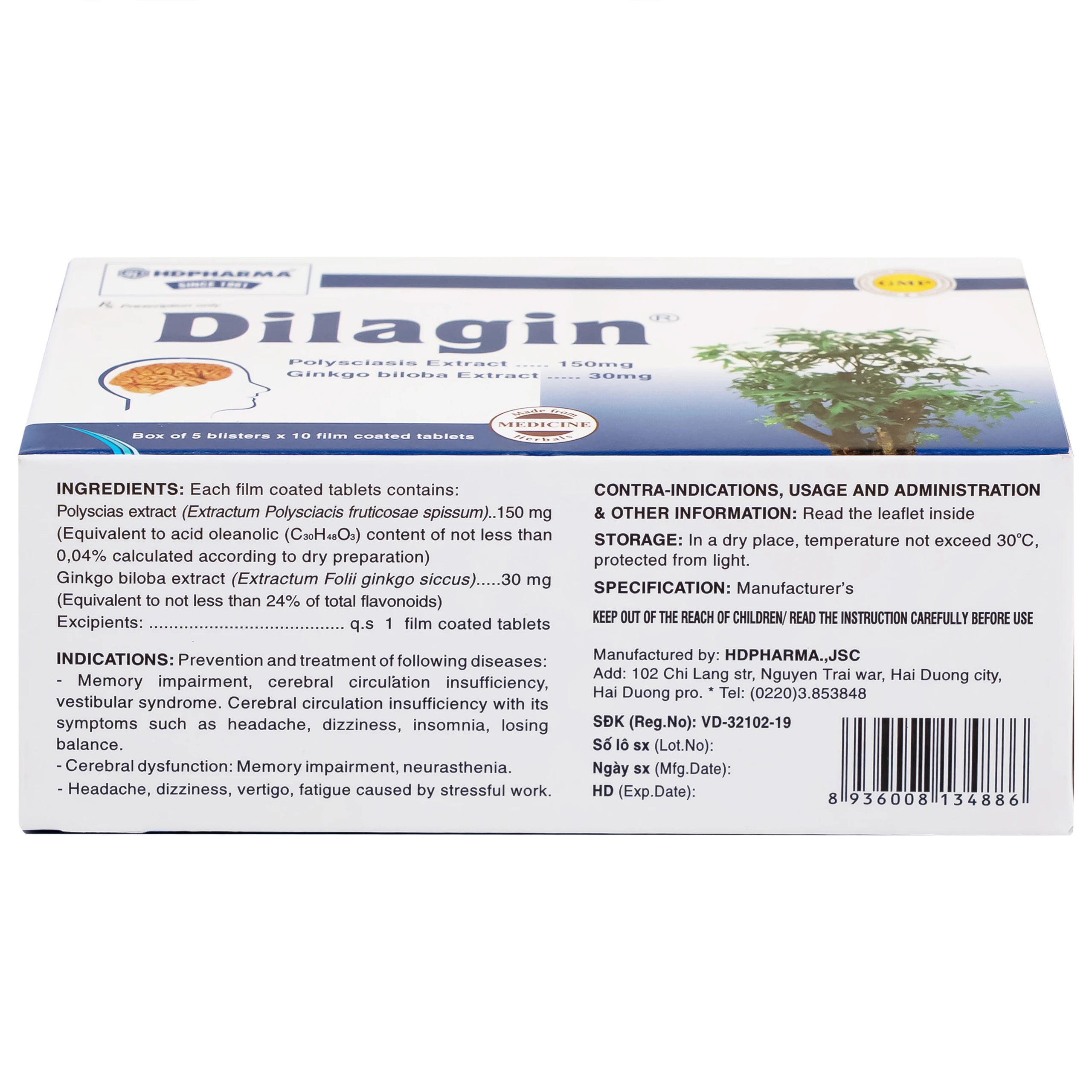 Thuốc Dilagin 150mg Hd Pharma phòng và điều trị suy giảm trí nhớ, thiểu năng tuần hoàn não (5 vỉ x 10 viên)