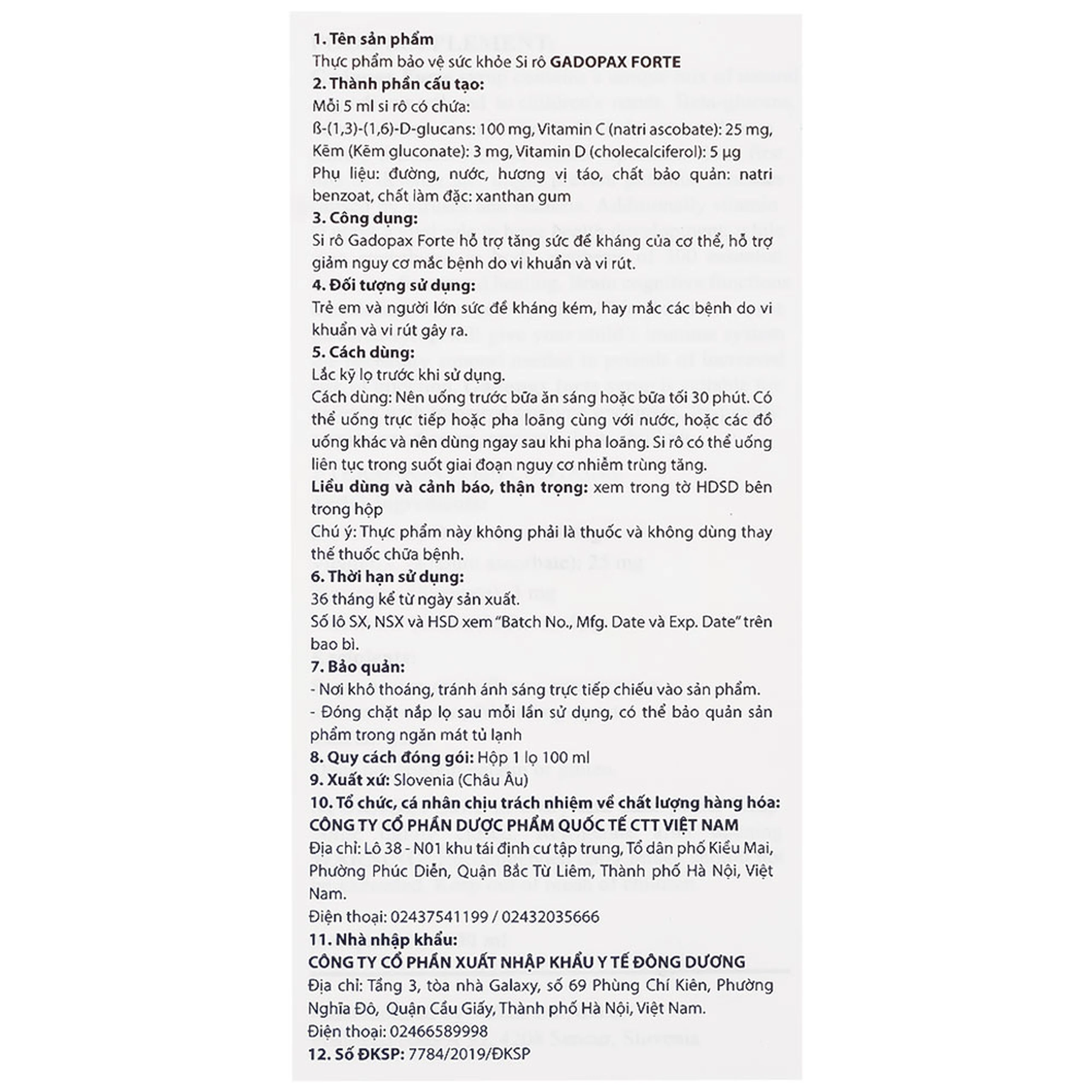 Siro hỗ trợ tăng sức đề kháng Gadopax Forte Valens (100ml)