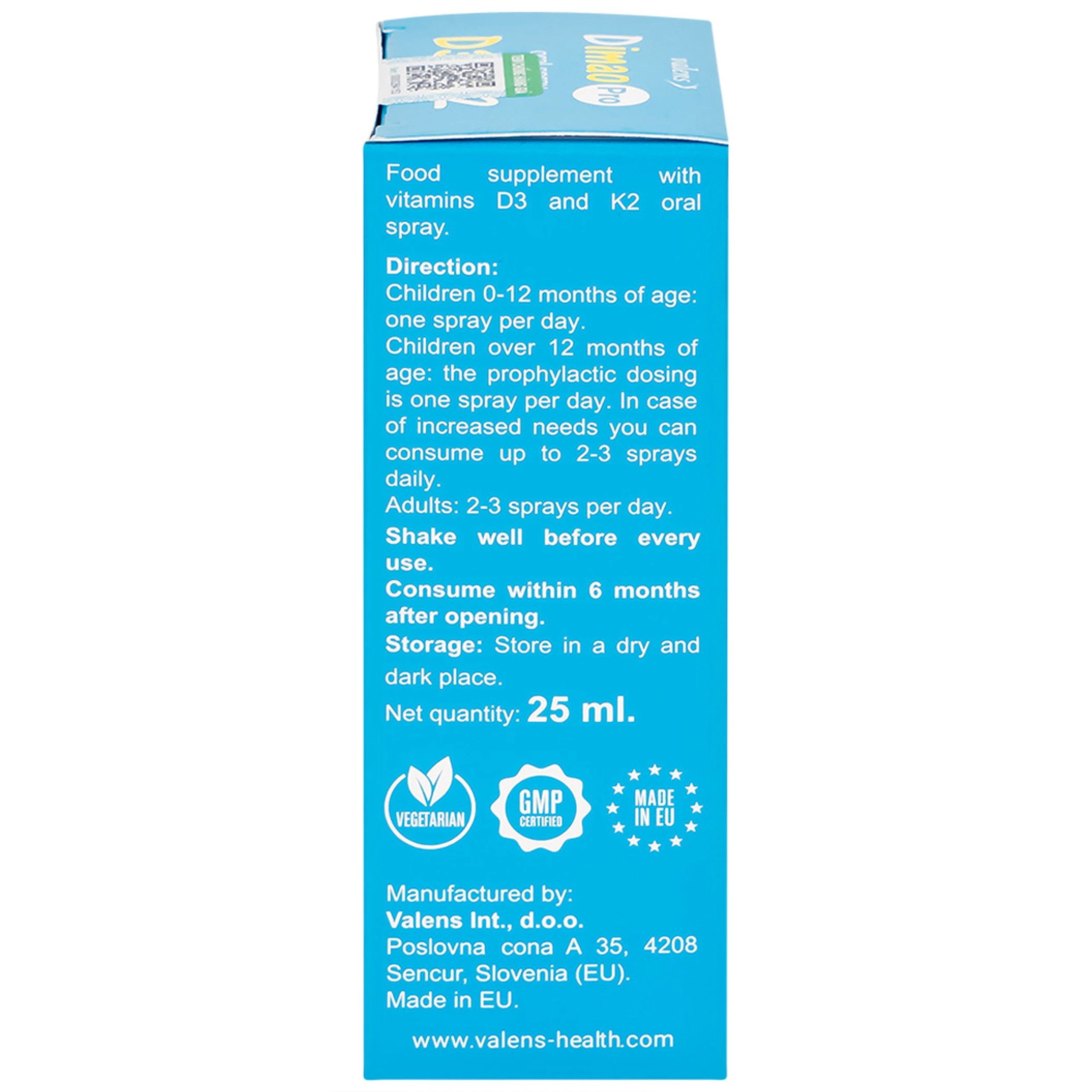 Chai xịt giúp tăng cường hấp thu canxi Dimao Pro Oral Spray D3 + K2 Valens (25ml)