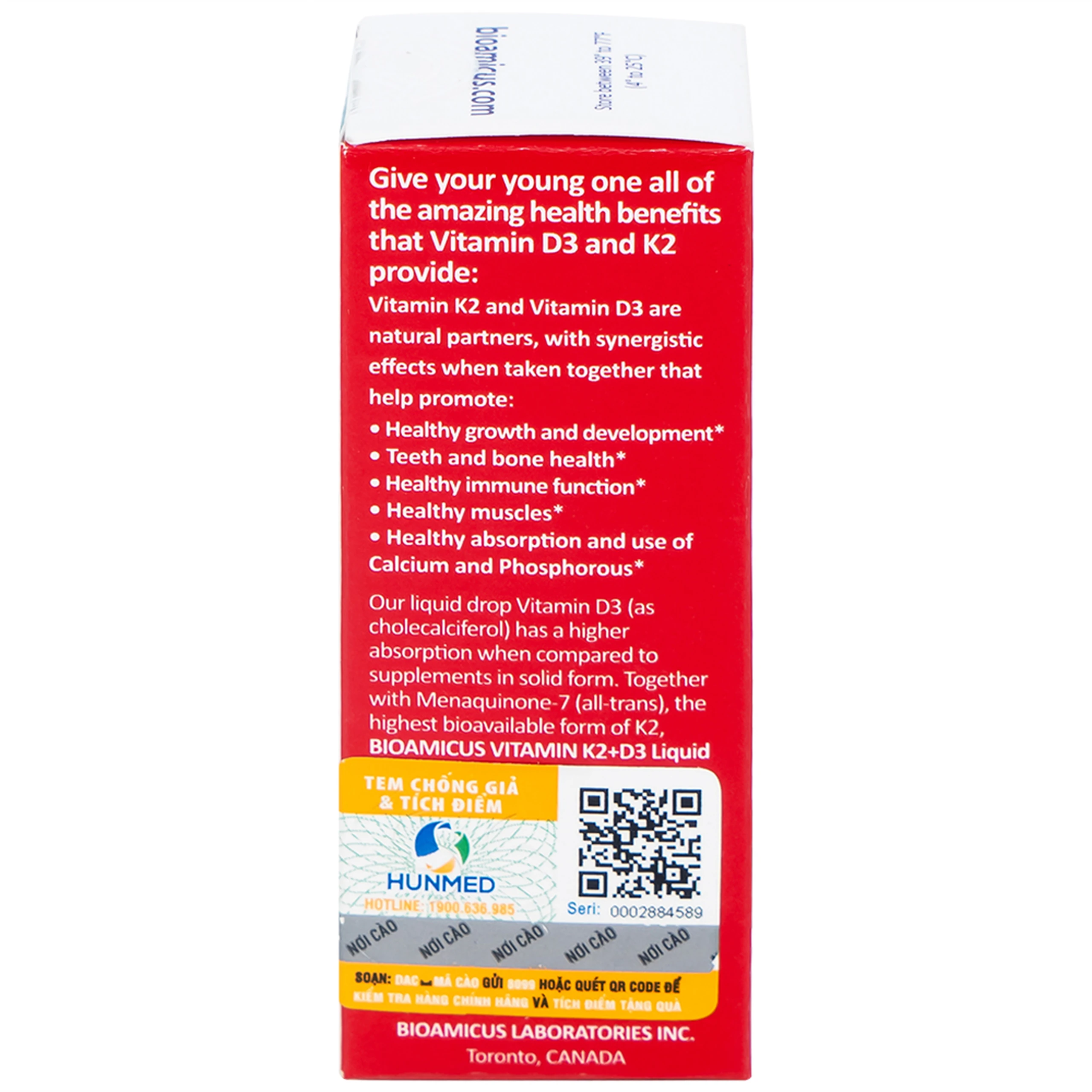 Dung dịch uống hỗ trợ tăng cường hấp thu Calcium Bioamicus Vitamin K2 & D3 (10ml)