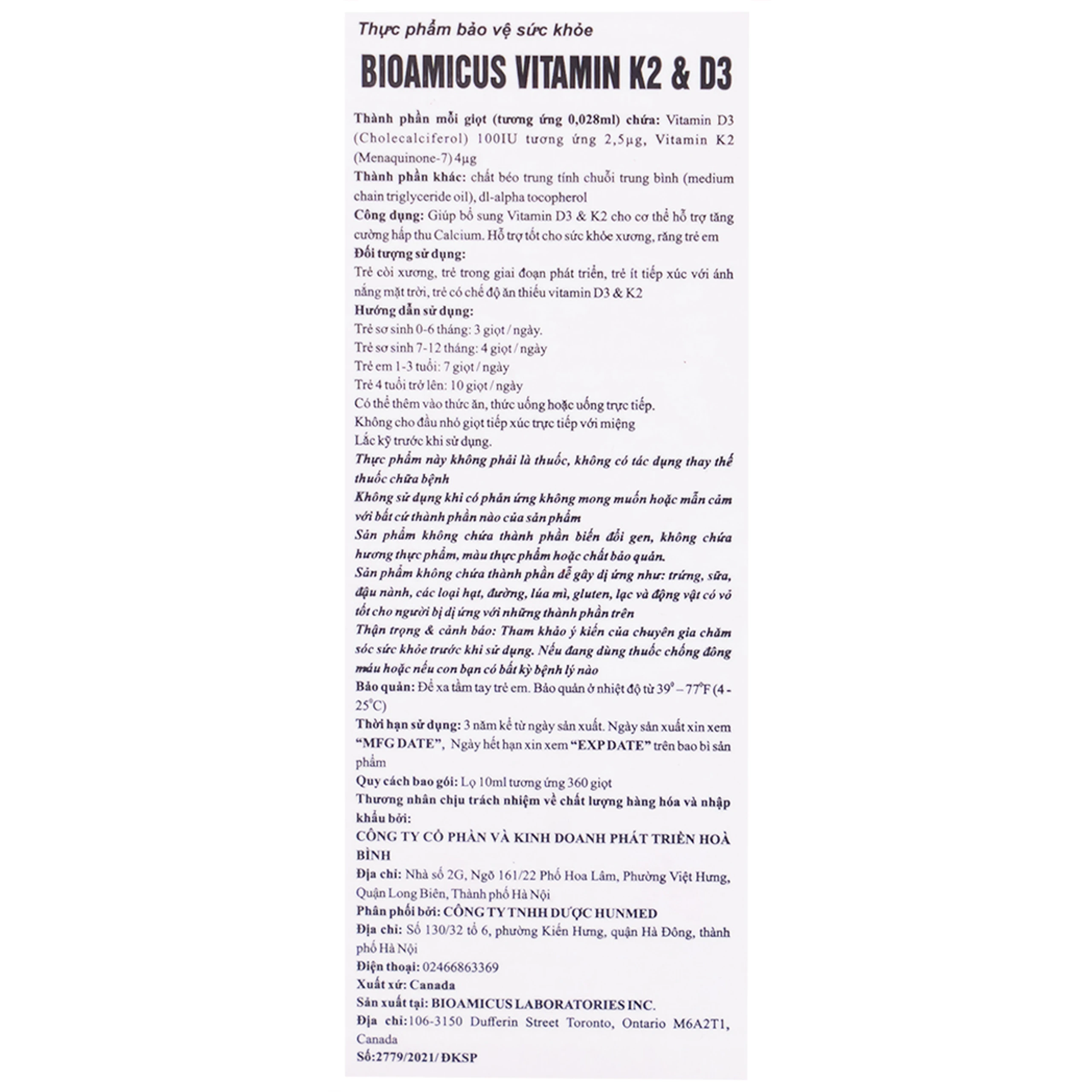 Dung dịch uống hỗ trợ tăng cường hấp thu Calcium Bioamicus Vitamin K2 & D3 (10ml)