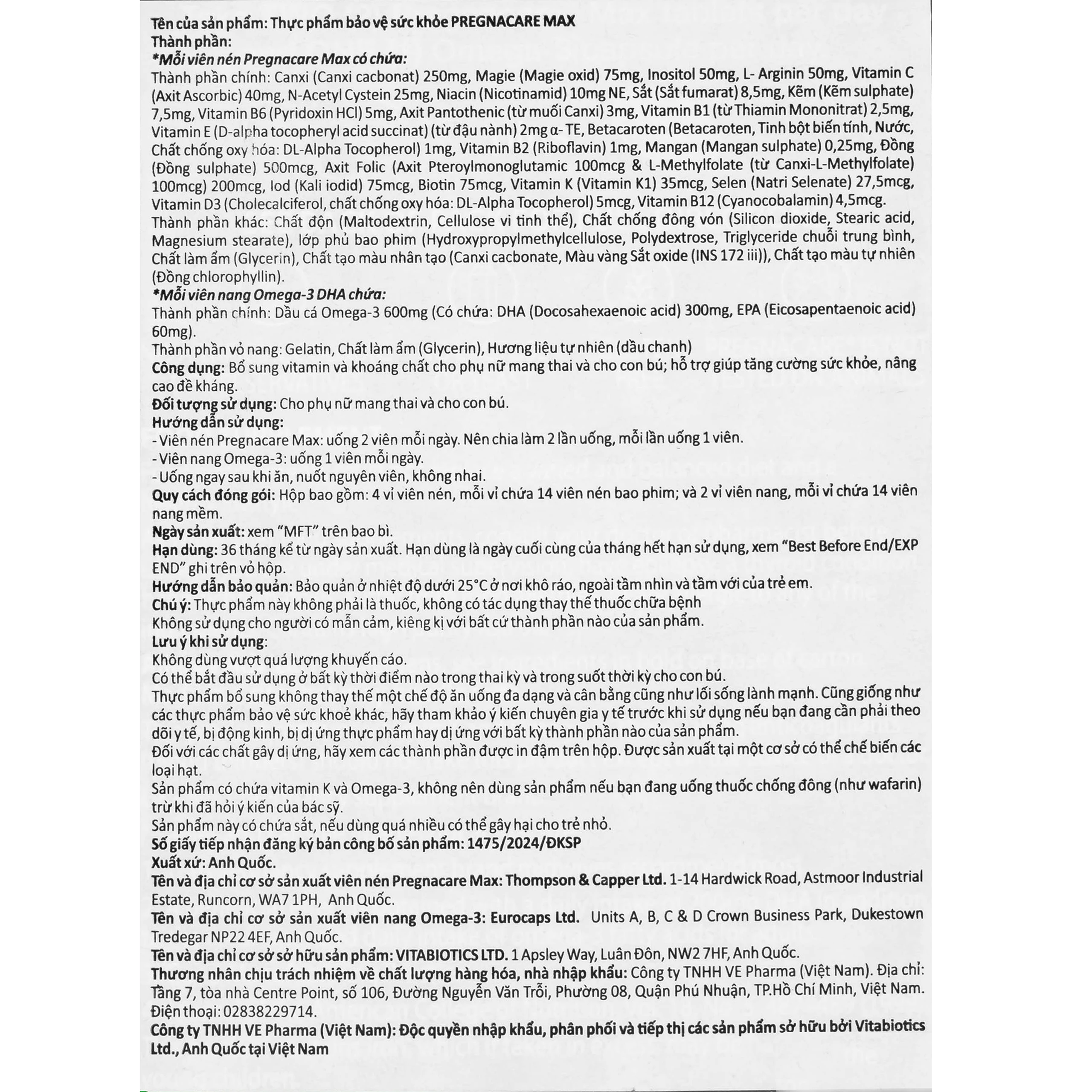 Viên bổ sung vitamin và khoáng chất cho phụ nữ mang thai Pregnacare Max Omega 3 DHA (84 viên)