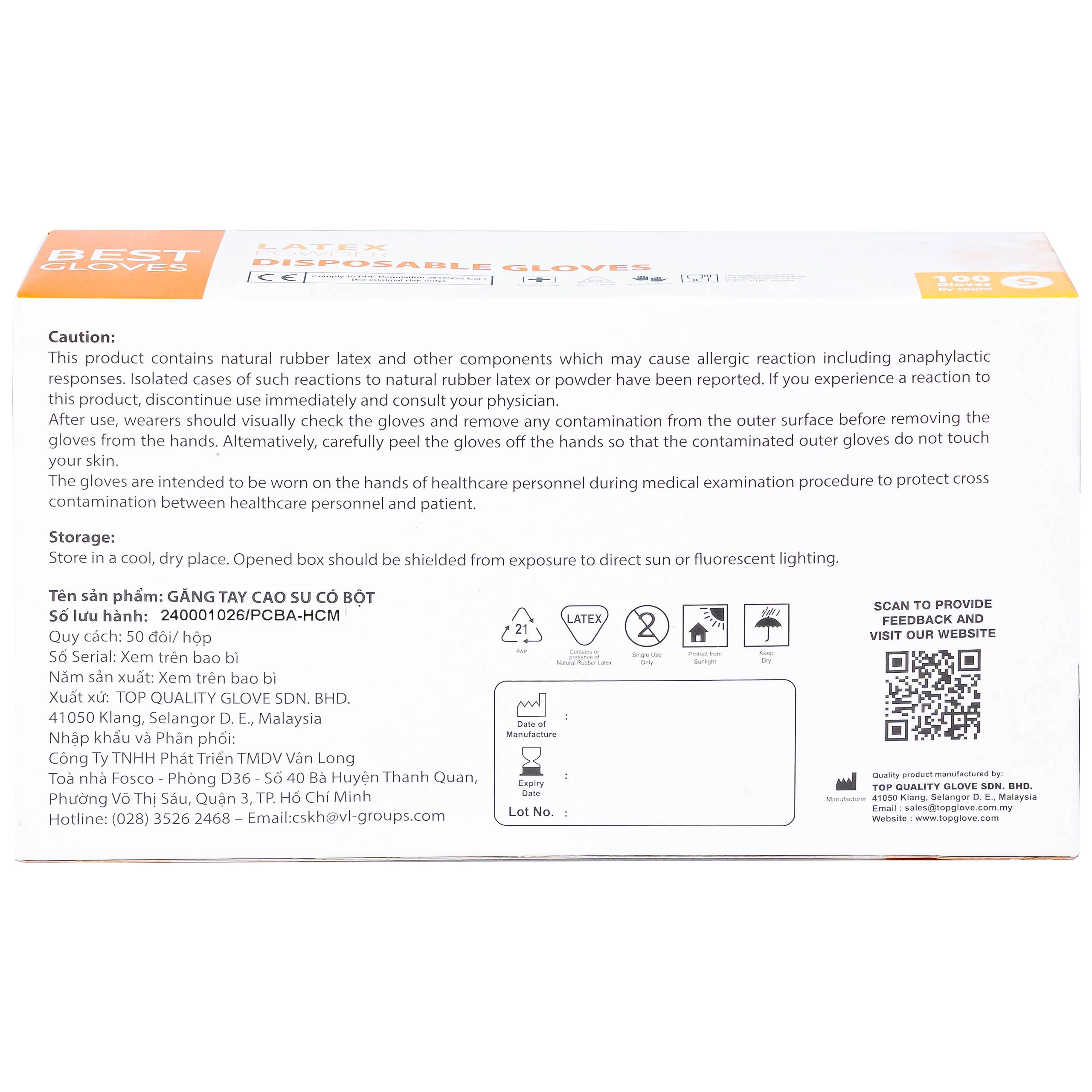 Găng tay y tế có bột, phủ Latex size S (100 cái) Powder Disposable 