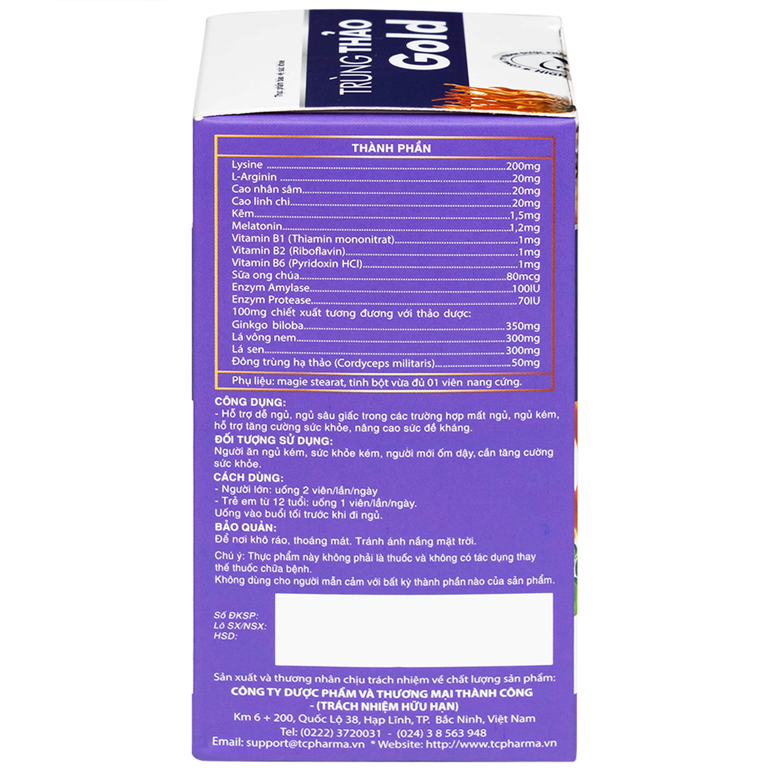 Viên uống hỗ trợ dễ ngủ, ngủ sâu giấc, tăng cường sức khỏe Trùng Thảo Gold (30 viên)