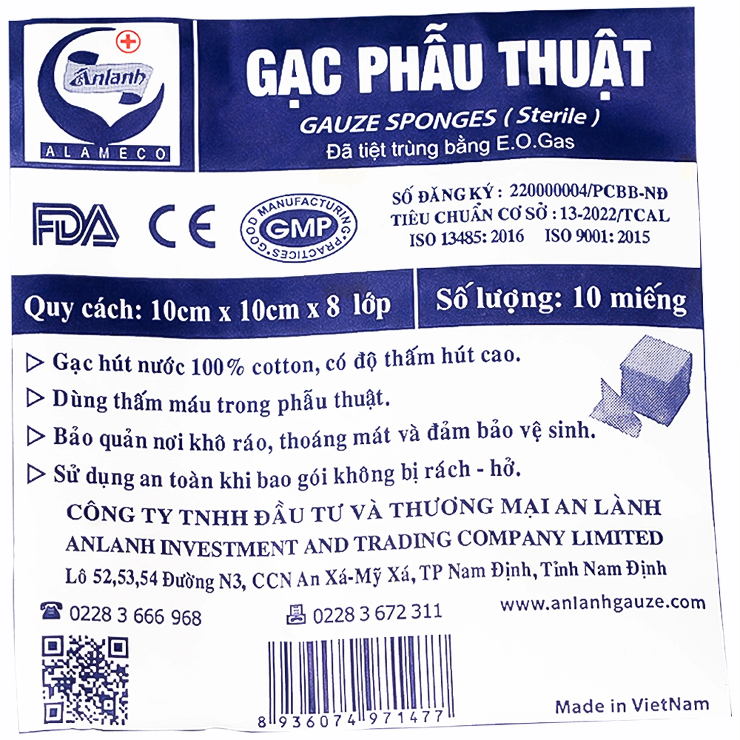 Gạc phẫu thuật An Lành 10x10cm x 8 lớp (10 miếng) dùng thấm máu trong phẫu thuật