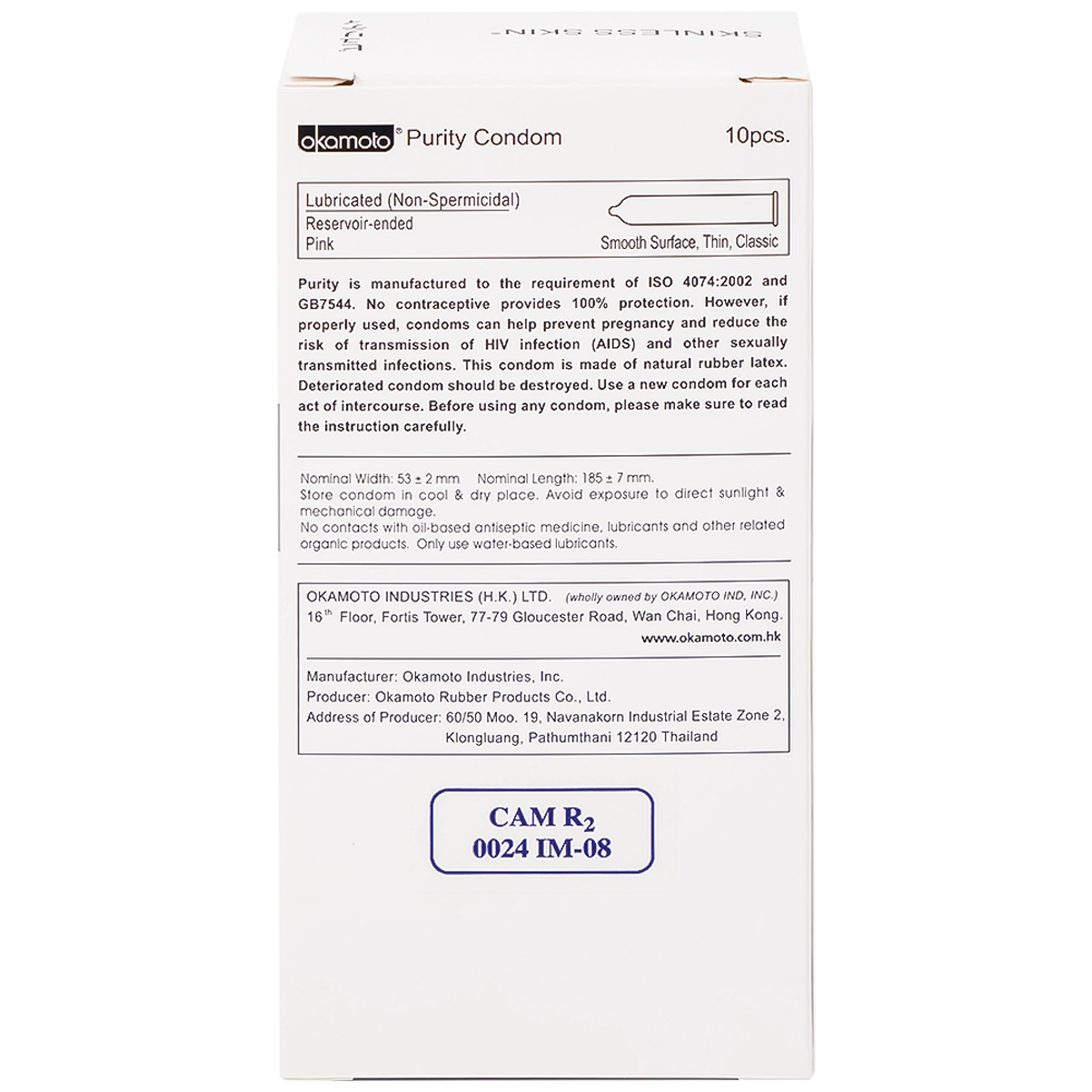 Bao cao su Okamoto Skinless Skin Purity không mùi, tinh khiết, dùng để phòng tránh thai và ngăn ngừa HIV (10 cái)