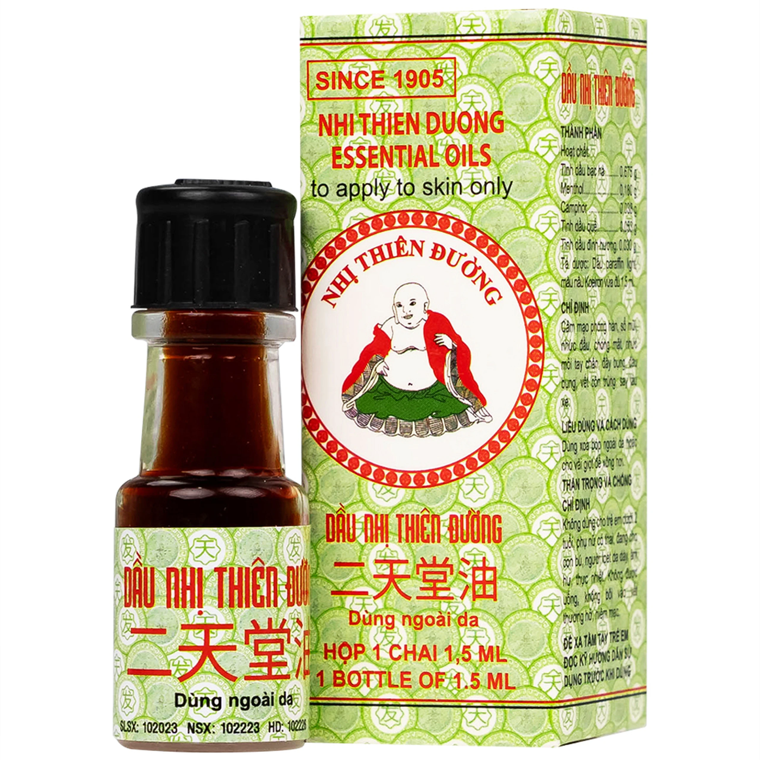 Dầu gió Nhị Thiên Đường 1.5ml (10 chai) dùng khi cảm mạo phong hàn, sổ mũi, chóng mặt, nhức đầu, say tàu xe