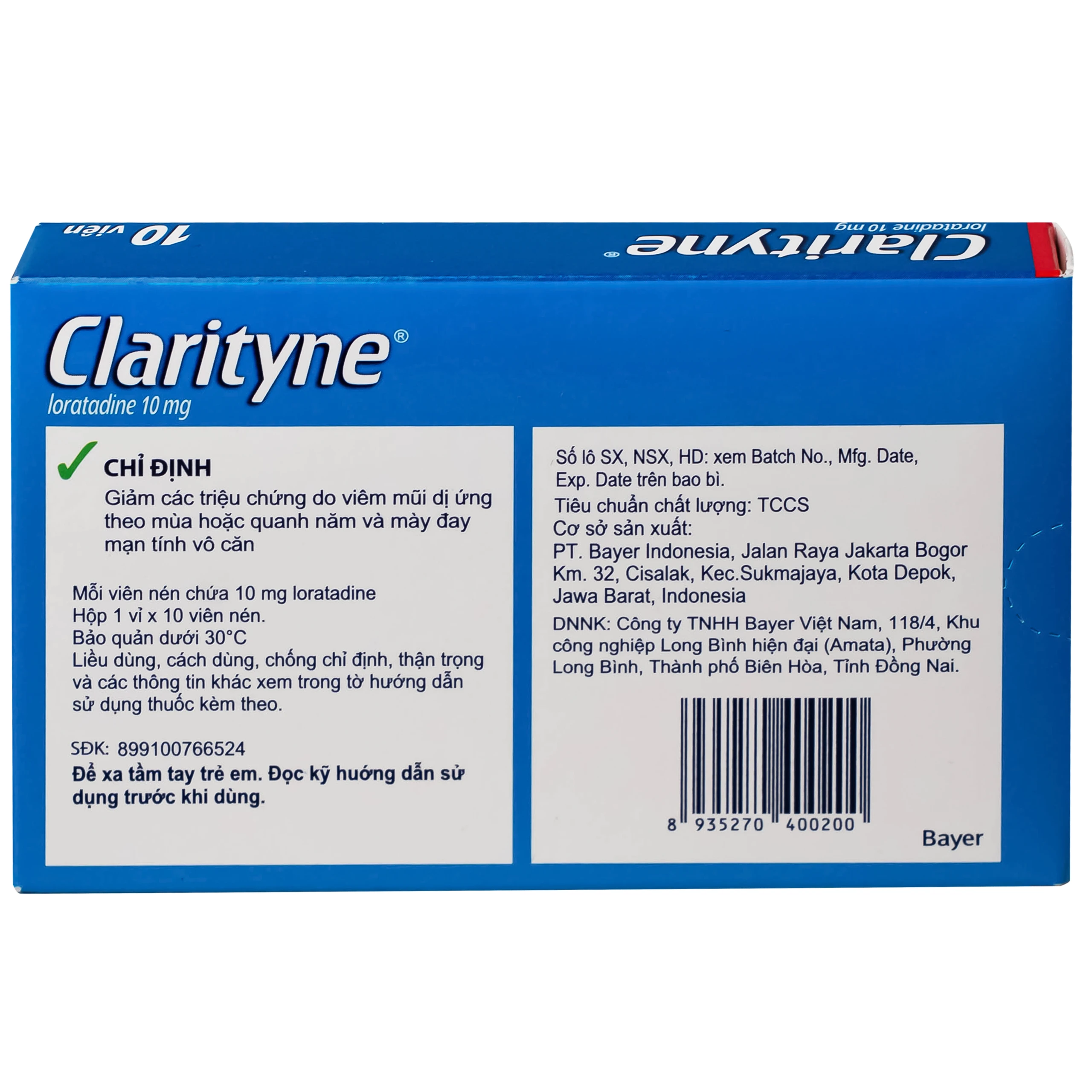 Thuốc Clarityne 10mg Bayer giảm các triệu chứng do viêm mũi dị ứng và mày đay mạn tính vô căn (1 vỉ x 10 viên)